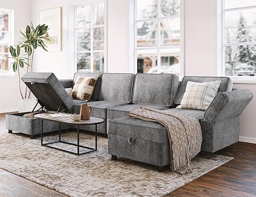 IDEALHOUSE Sofá modular convertible, sofá en forma de U con almacenamiento y otomanas, sofá modular modular de 6 asientos con diván para sala de