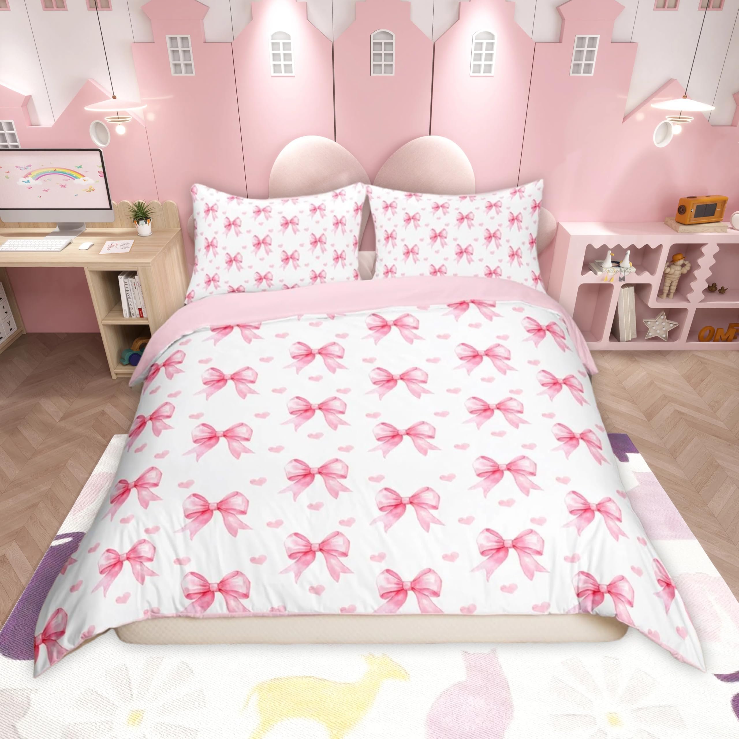 Homemissing Bowknot Duvet Cover Set Single Size For Kids Girls Teens Bedroom Cute Bow White Pink Bedding Set Bow Ribbon Comforter Cover with 1 Pillowcase