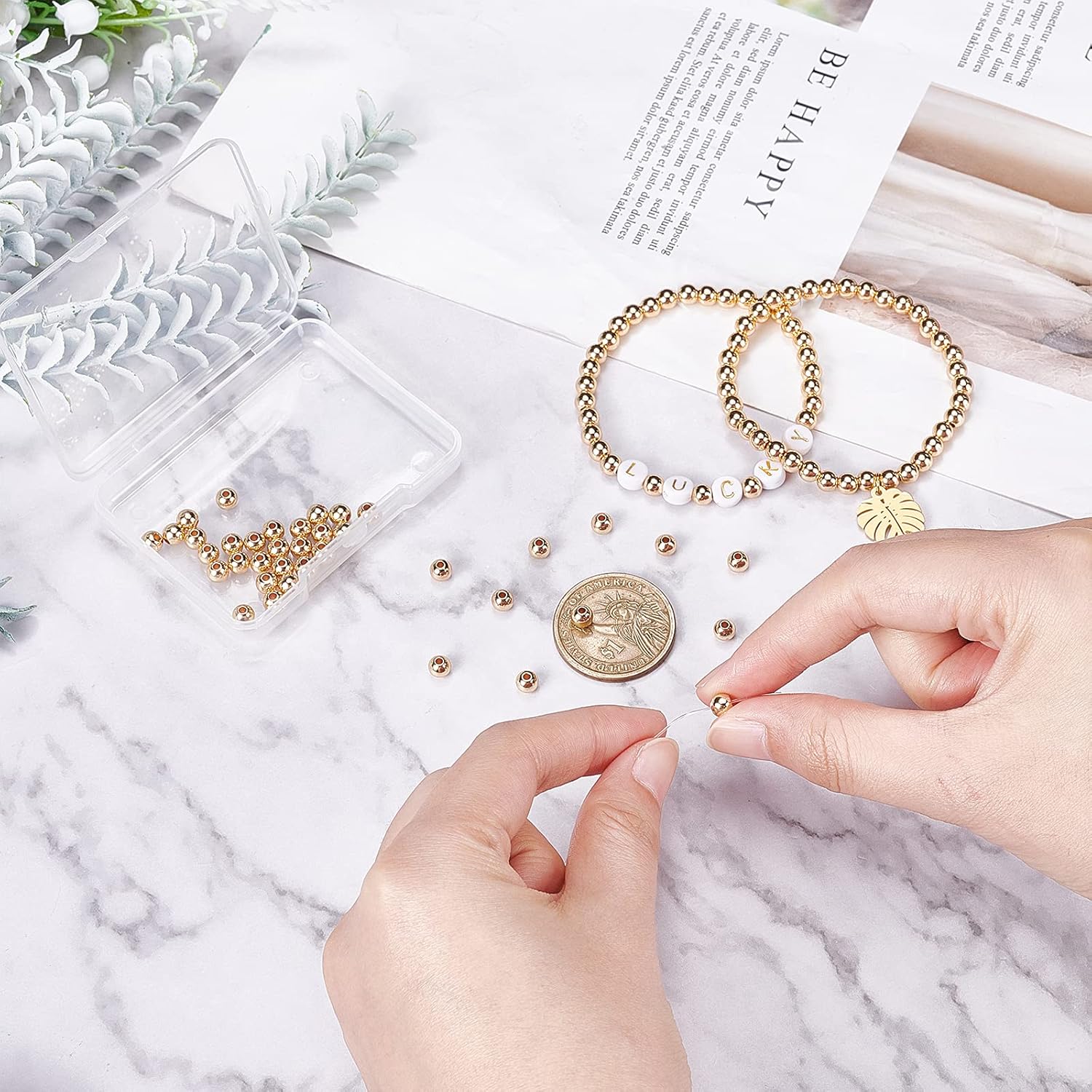 PH PandaHall 5mm 14K Gold Plated Beads, 150pcs Smooth Round Bead Long-Lasting Plated Small Spacers Seamless Ball Beads for Summer Hawaii Stackable Necklace Bracelet Jewelry Crafts Making - Image 6