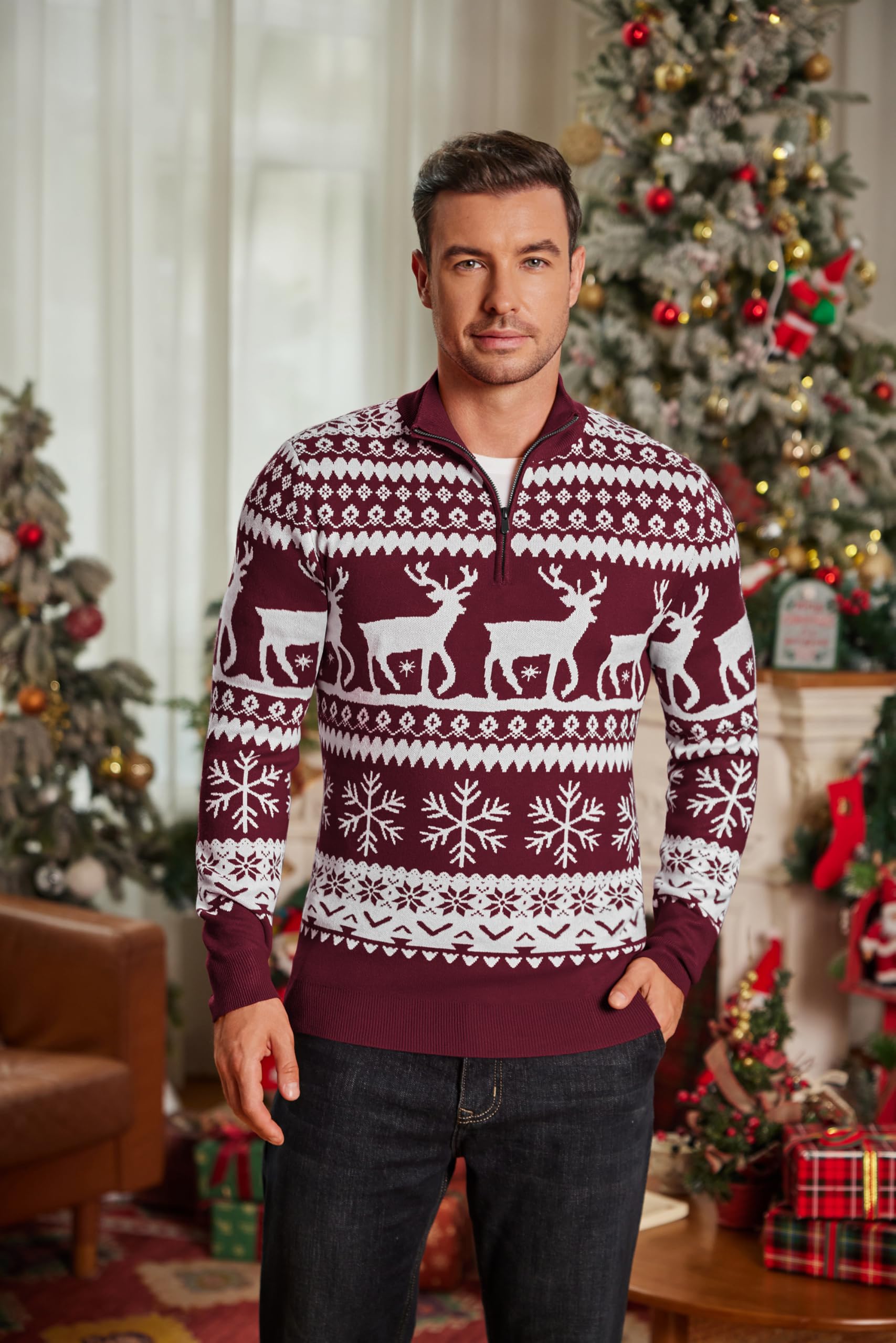 COOFANDY Maglione da uomo con scollo a 1/4, con chiusura lampo, collo alto, maglia fine, caldo, maglione invernale