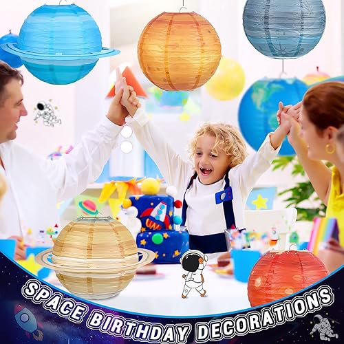 Miniatura 6 de Hortsun Paquete de 8 linternas de papel espaciales, sistema solar de fuera de este mundo, linternas colgantes de planetas para decoración de fiestas