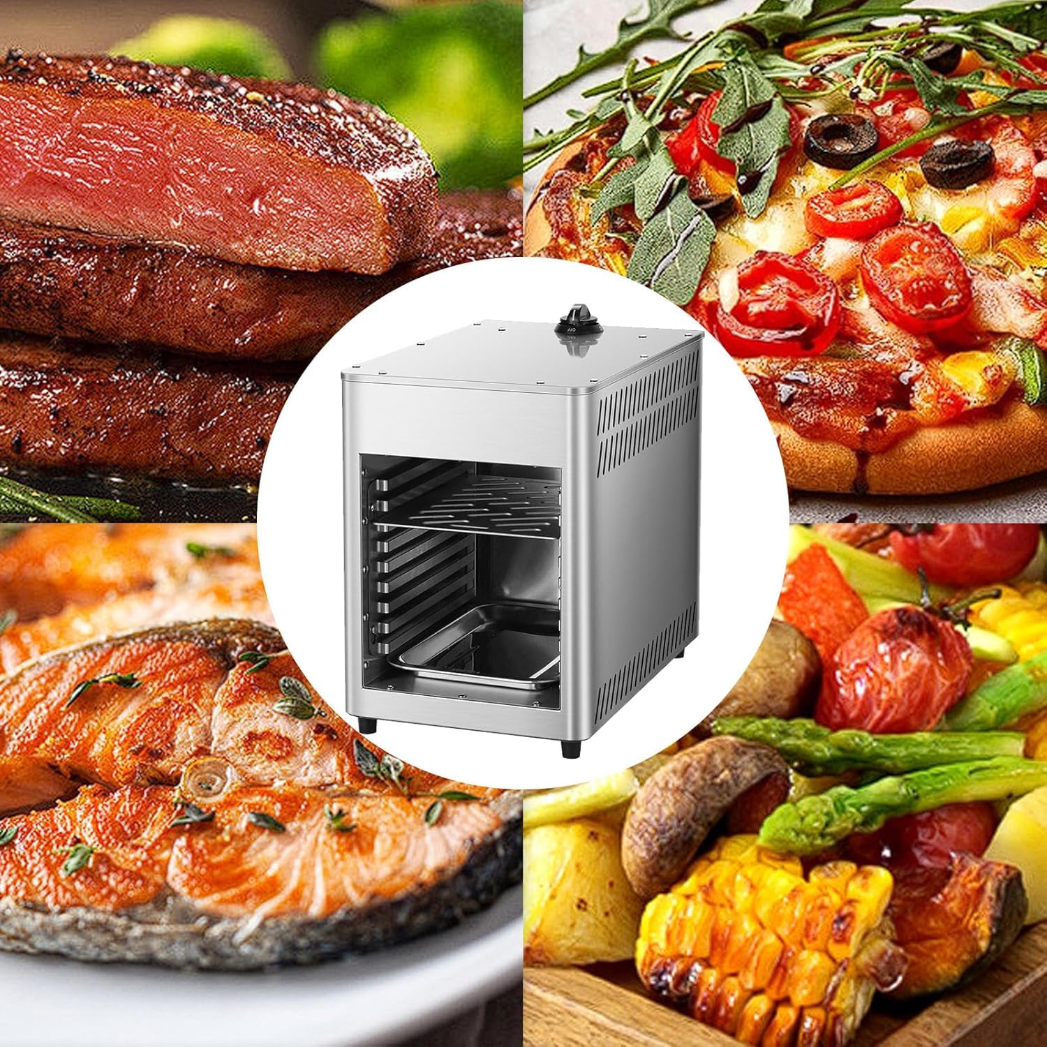 Griglia per bistecca a gas in acciaio inox, temperatura regolabile per cucinare manzo, verdure, pizza e pane - Attrezzatura da cucina commerciale ad alte prestazioni
