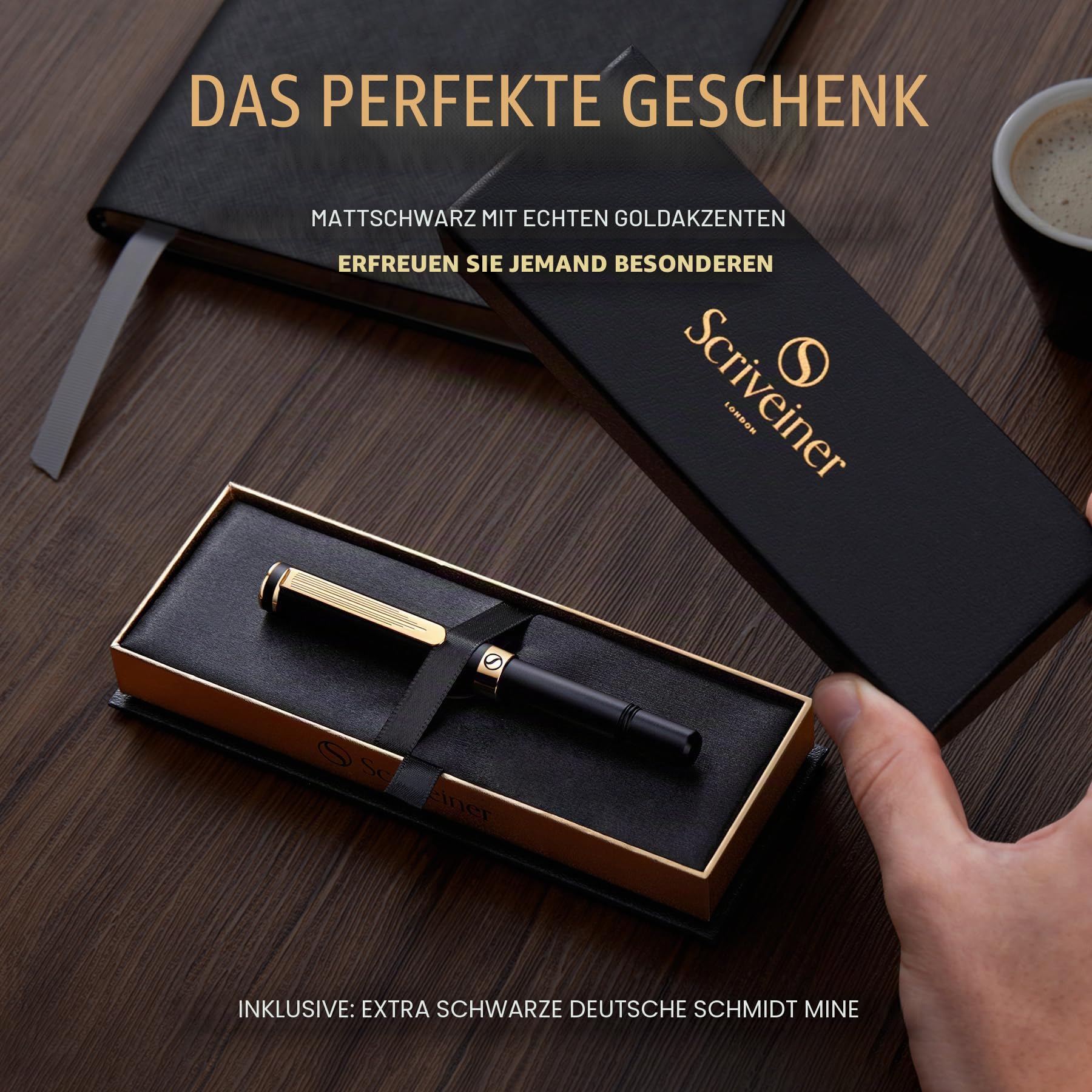 Scriveiner Schwarzer Kugelschreiber EDC Luxus Stift, toller Taschenfüller mit Echtvergoldung, Cooler Schreibstift, Geschenk für Mann Frau, Deutsche Schmidt Mine, Ausgefallenes Büro Designer Schreibset