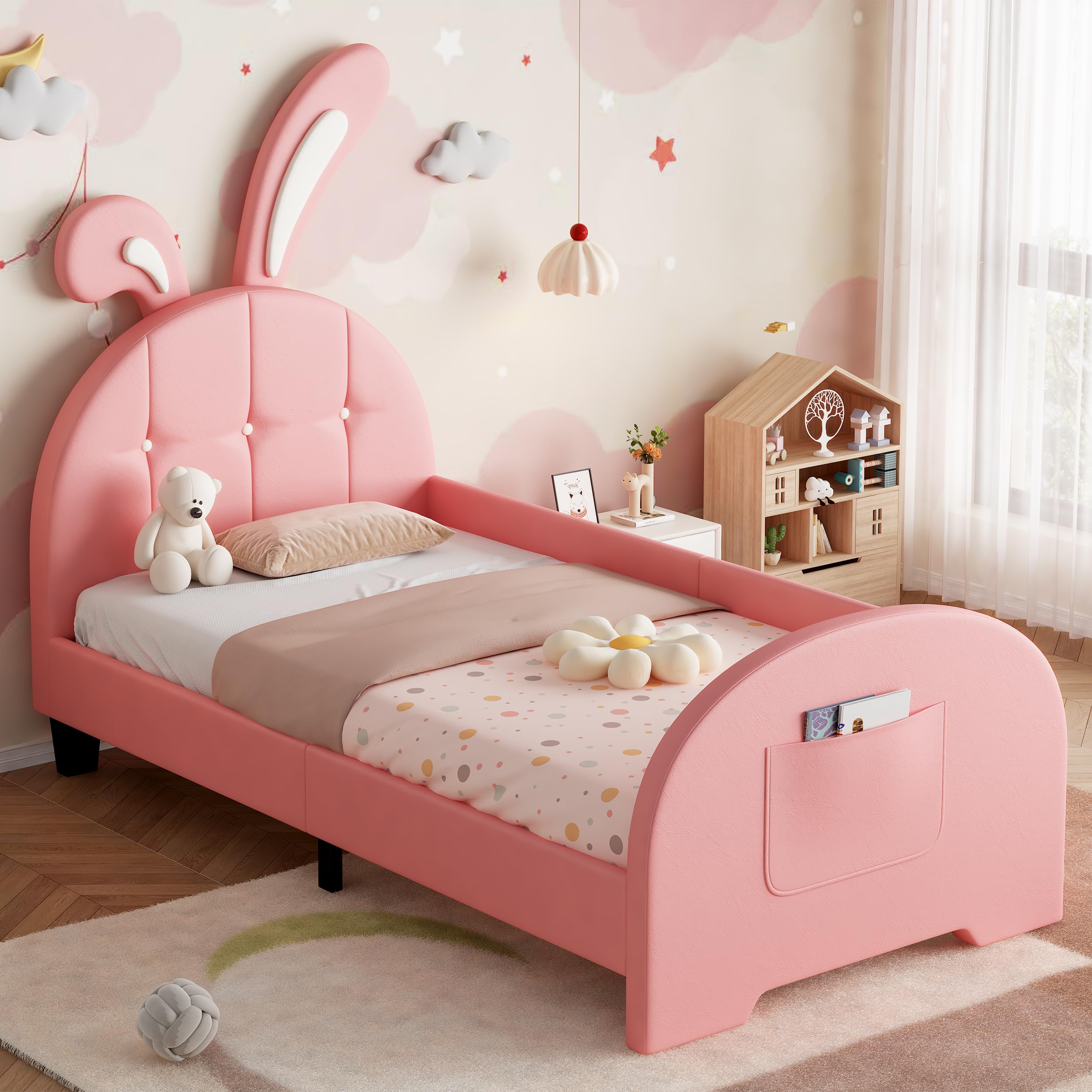 Merax Kids Single Bed 3ft, Rabbit-Shaped Upholstered Girls Bed with Bunny Ear Headboard & Footboard Storage Pocket, Soft PU Leather & Sturdy Metal-Wood Slat Support, Children Bedroom Furniture, Pink
