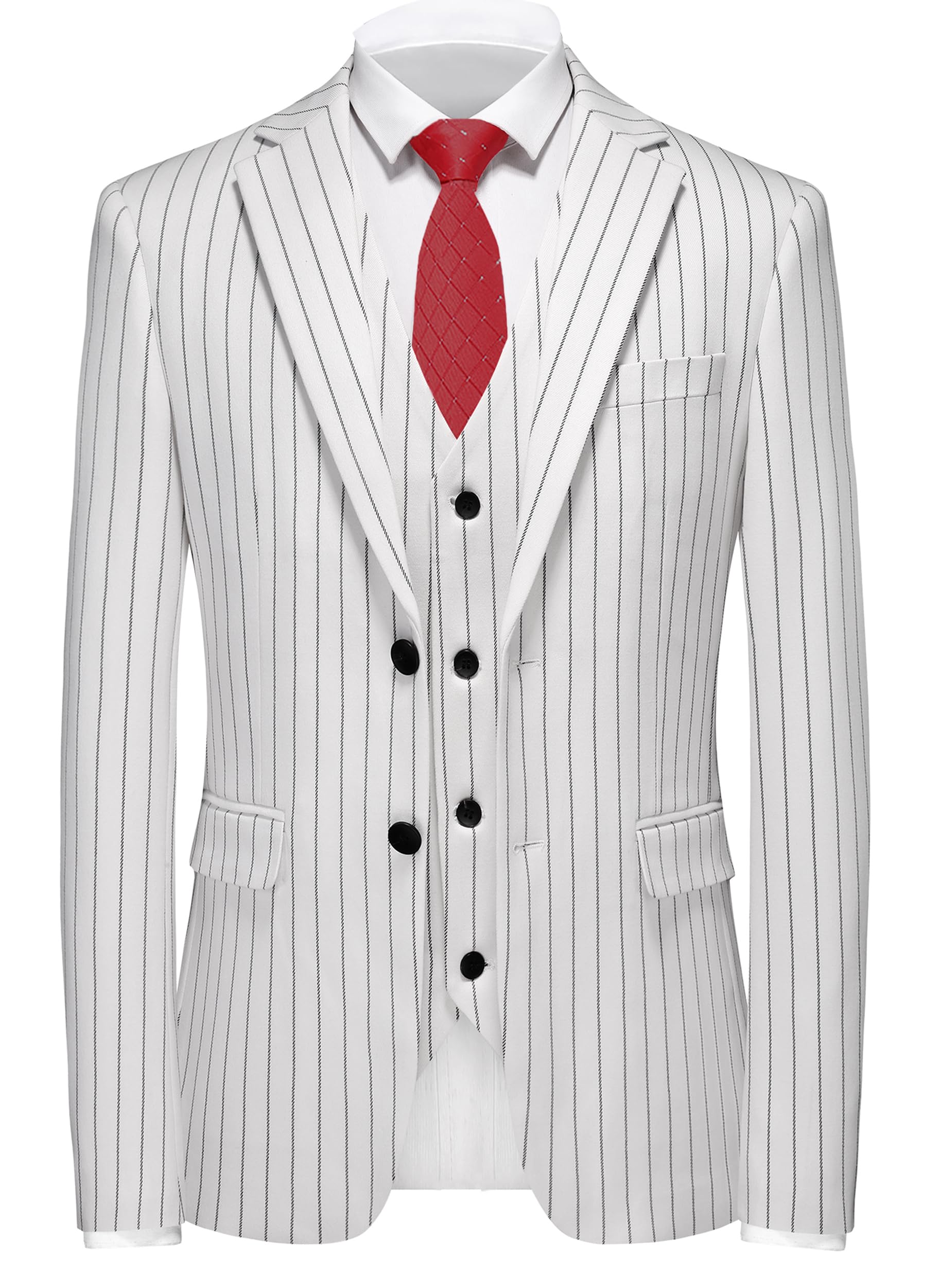 MOGU 3-teiliger Herrenanzug mit Nadelstreifen, schmale Passform, doppelte Belüftungsschlitze, Smoking, Jacke, Weste und Hose