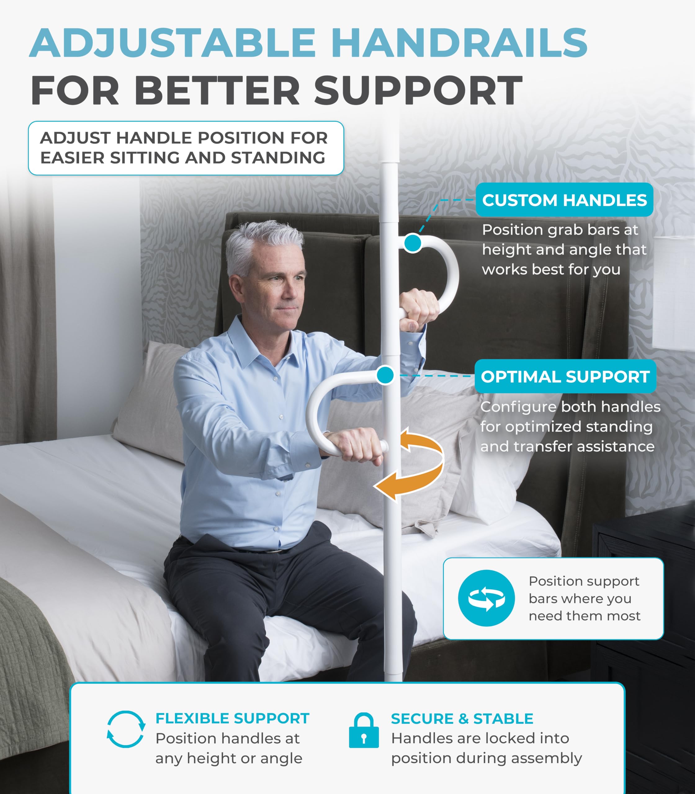 Stander Barra di sostegno a doppia maniglia da pavimento a soffitto, palo di trasferimento montato a tensione per anziani, supporto di supporto per bagno, camera da letto, soggiorno, binario di