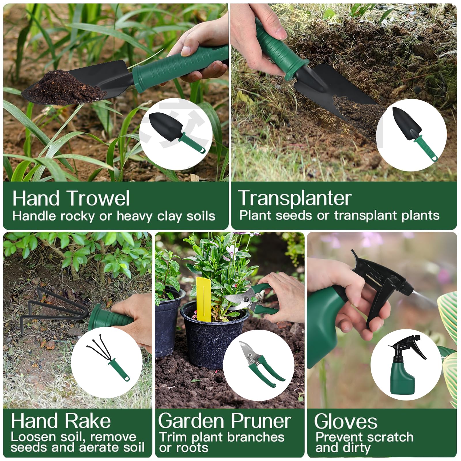 Set Giardinaggio 5 Pezzi Con Custodia - Paletta, Cesoie, Rastrello, Zappa E Spruzzatore - Foto 10