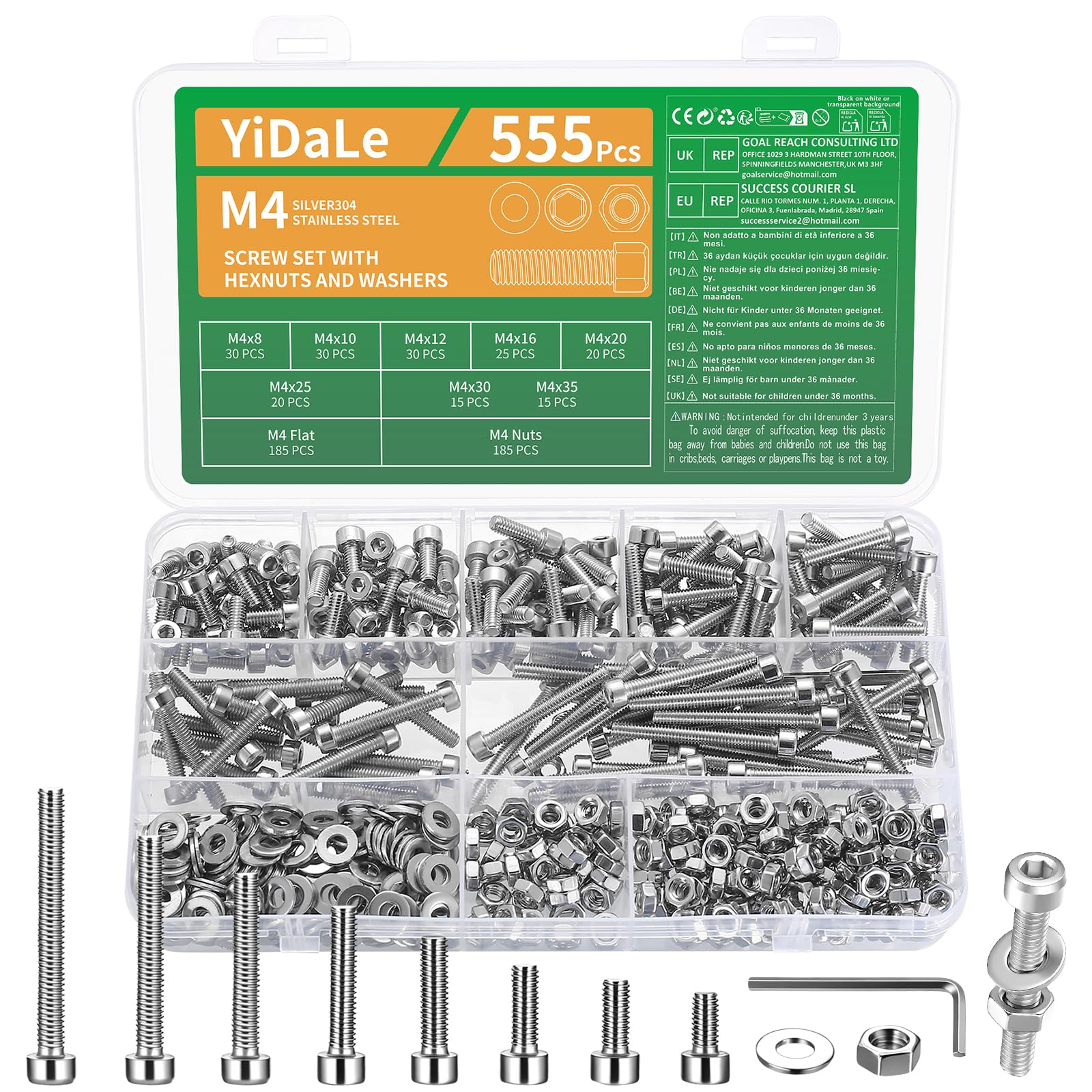 555 Pcs M4 Bolts and Nuts Set, Assorted Nuts and Bolts Assortment, Stainless Steel Hex Socket Cap Screws with Washers Assortment (555Pcs-M4)