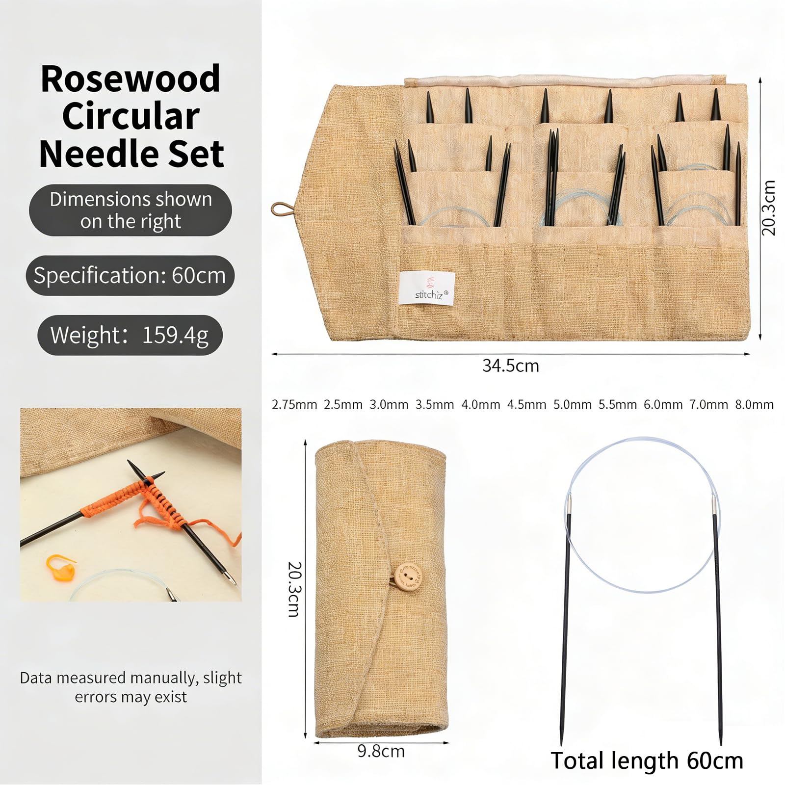 11-teiliges Rundstricknadelset Aus Holz (2,5 Mm–8 Mm), Glatte, Nahtlose Rosenholznadeln Mit Aufbewahrungstasche, Perfekt Für Alle Strickprojekte.