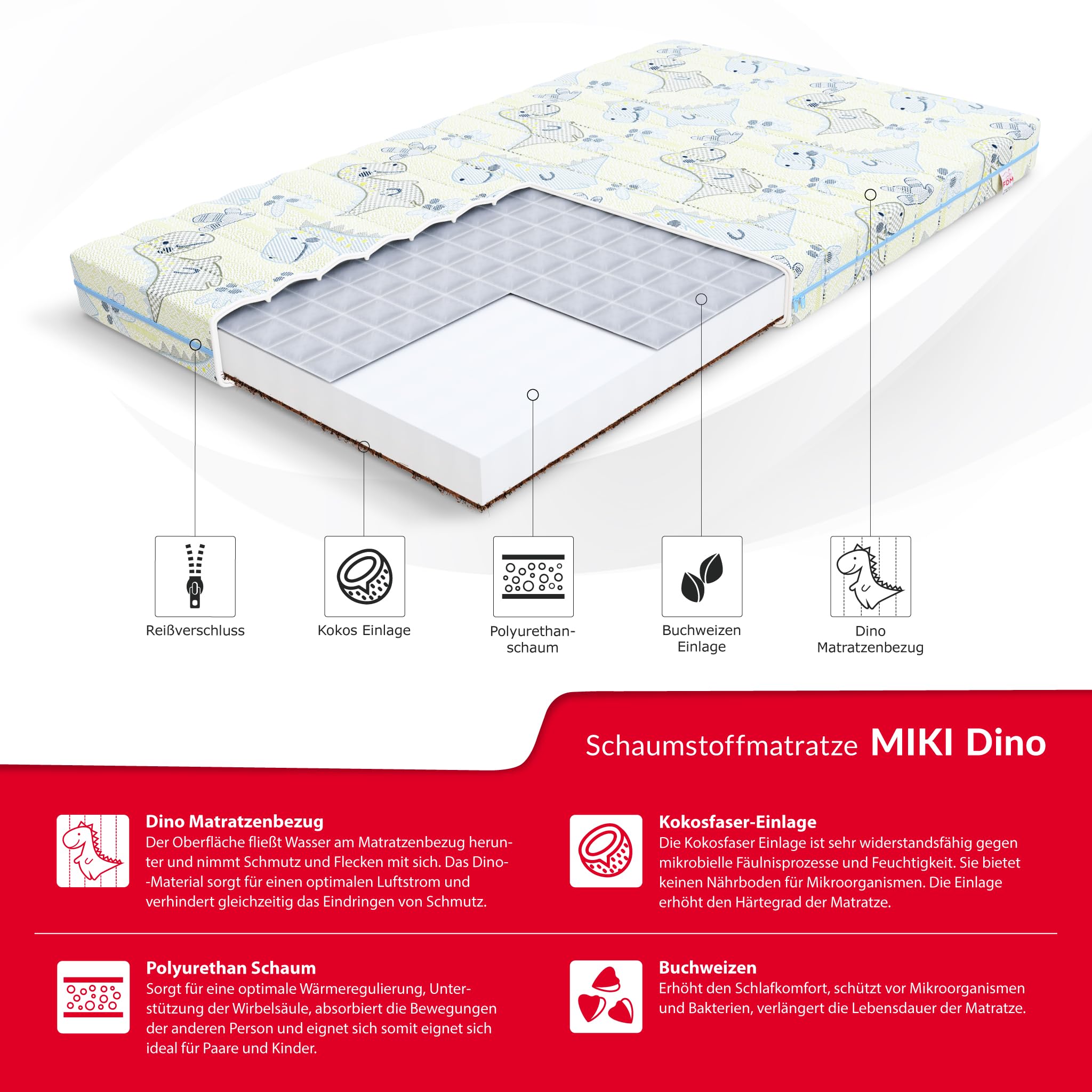 Matelas 90x180 cm Mousse à Mémoire de Forme Épaisseur 9 cm Fermeté H2 H3 Oeko-TEX Hypoallergénique Housse Lavable Dino