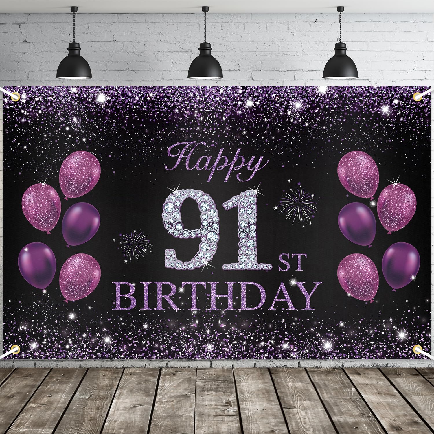 JOYKY Happy 91st Birthday Banner - Purple Party Decorations for Women, 91 Year Old Supplies Backdrop Decor, 5.9 X 3.8 Fts