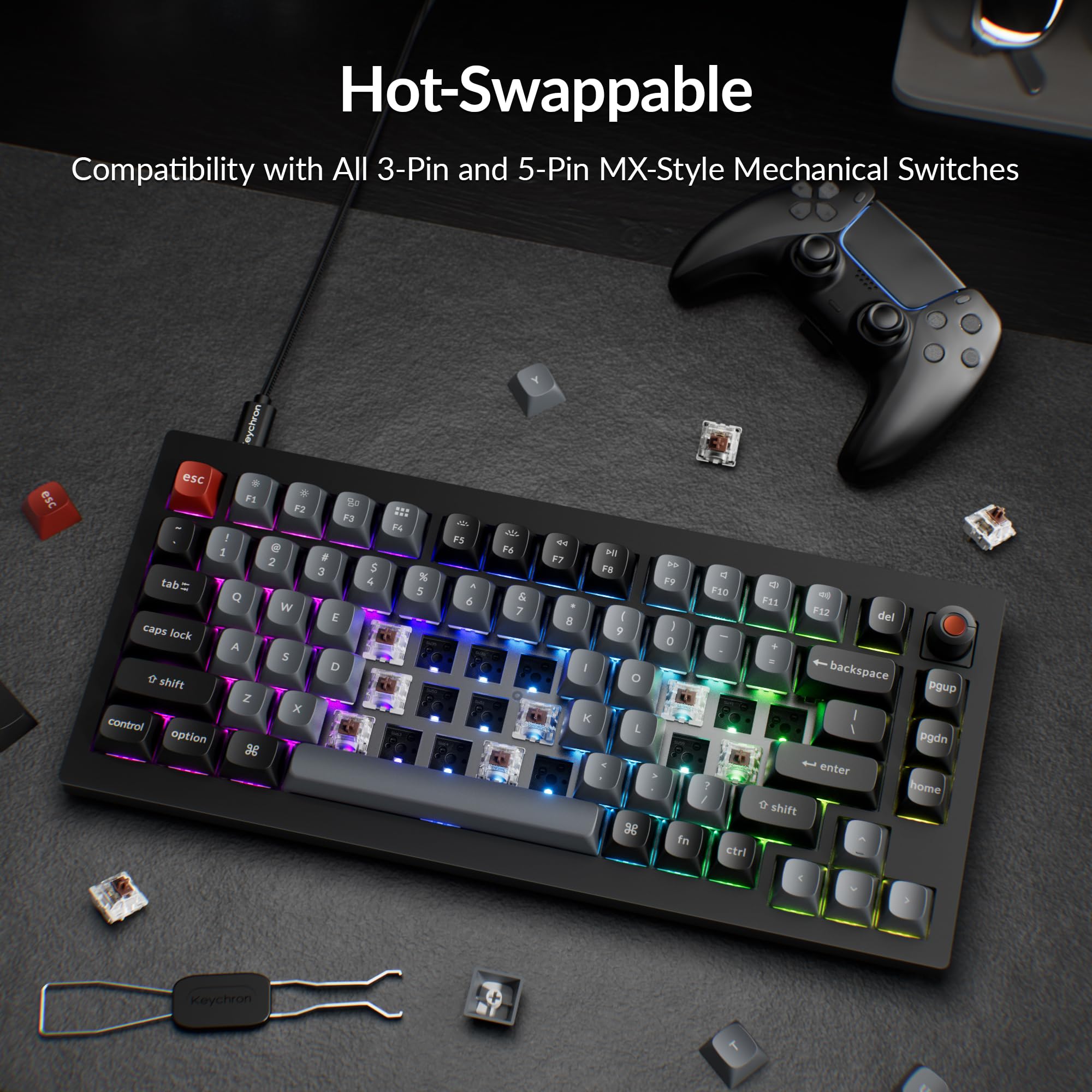 Keychron V1 Tastiera meccanica personalizzata 8K, layout cablato 75%, latenza ultra bassa 8000Hz, QMK programmabile, interruttori marroni sostituibili a caldo, RGB, per giocatori e dattilografi