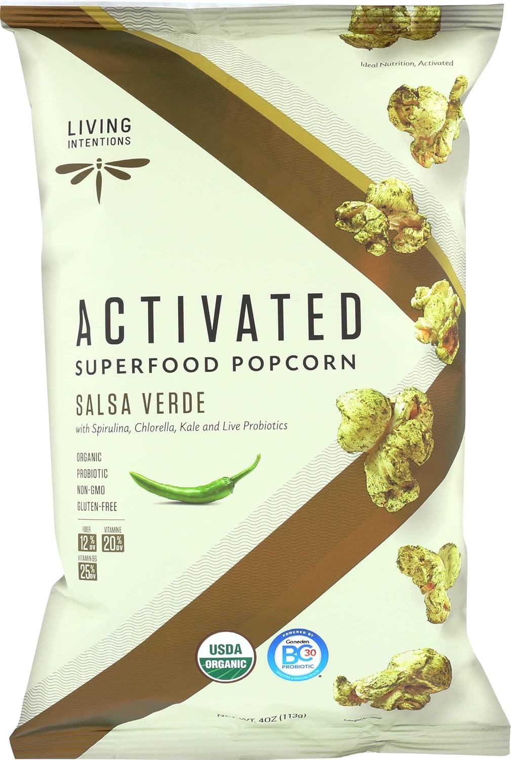 Living Intentions Activated Superfood Popcorn, Salsa Verde, USDA Certified Organic, Vegan, Gluten Free & Non-GMO, 4 Ounce (Pack of 12)