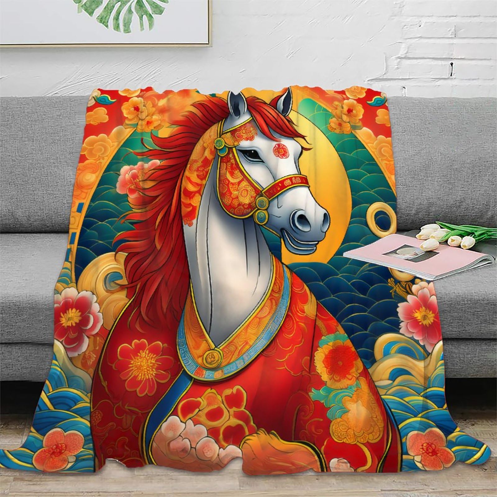 Couverture plaid cheval coloré 3D pour cocooning au salon
