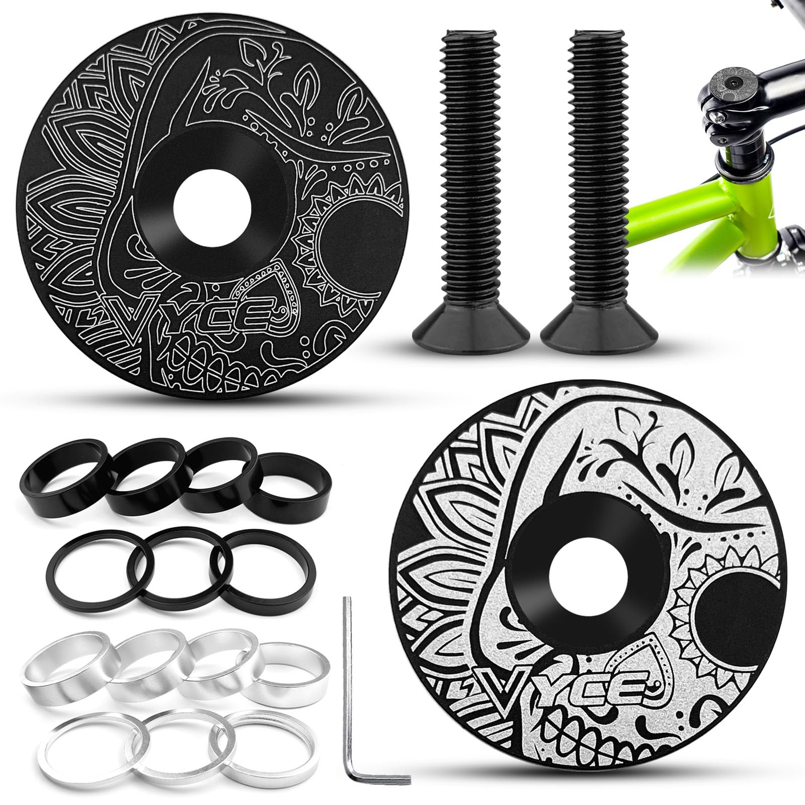 GZLFH 2 Stück Ahead Kappe für Fahrräder, MTB Steuersatz Kappe mit 2 Stück Spacer und 1 Sechskantschlüssel MTB Top Cap für 1 1/8'' Zoll Rennrad, Cyclocrosser (schwarz und weiß) Sport & Freizeit