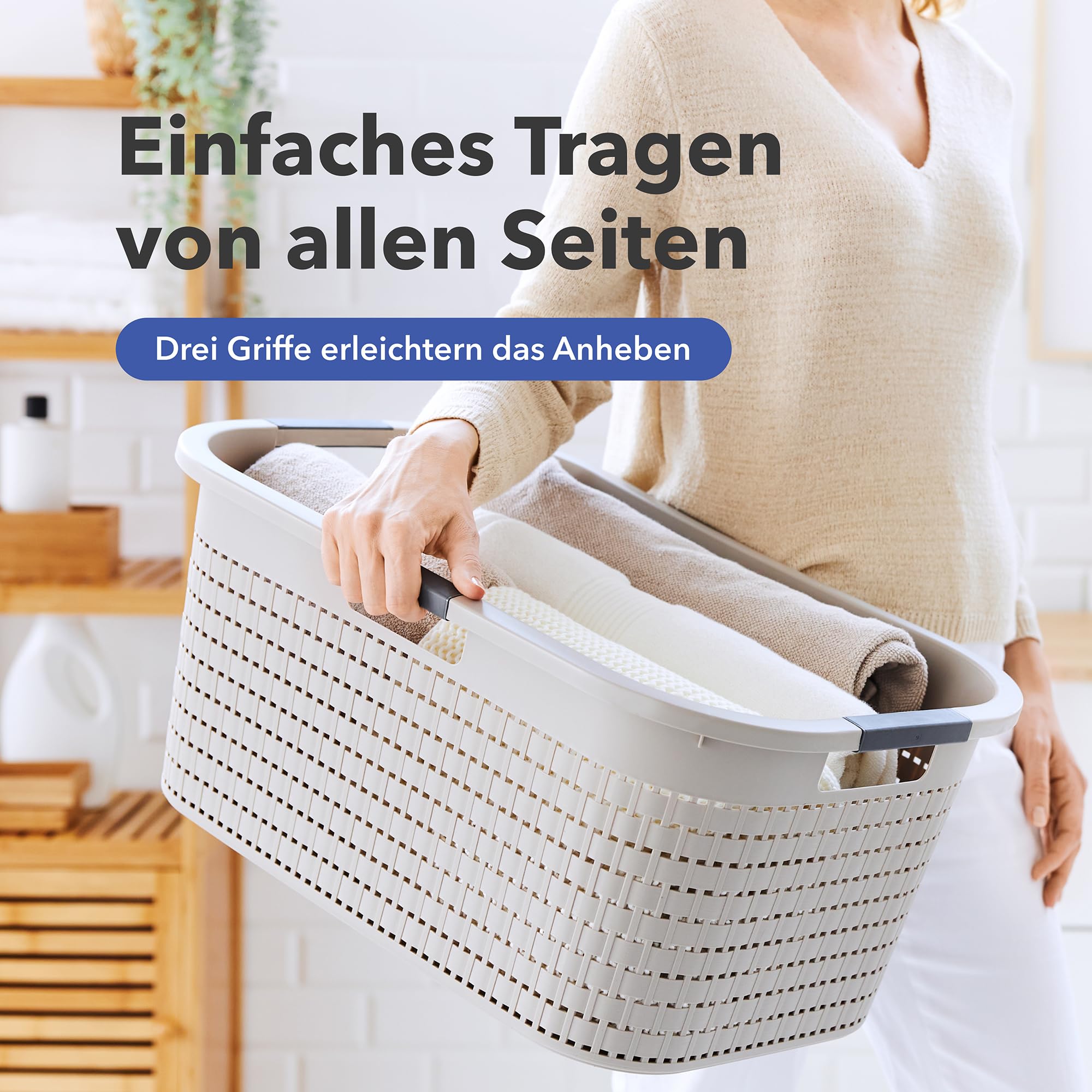 Rotho Country 3er-Set Wäschekorb 40l | Wäschebox in Rattan-Optik | mit Griffen, leicht zu tragen | robust & langlebig | einfach zu reinigen & hygienisch | beige