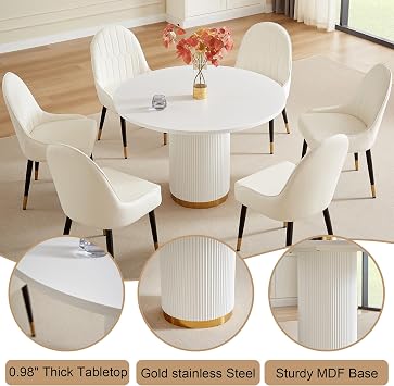 Round Dining Table, 46 Modern Farmhouse Kitchen Table for 4-6 People with Ripple Base, White Circle Dining Room Tables for Kitchen, Living Room, Bistro
