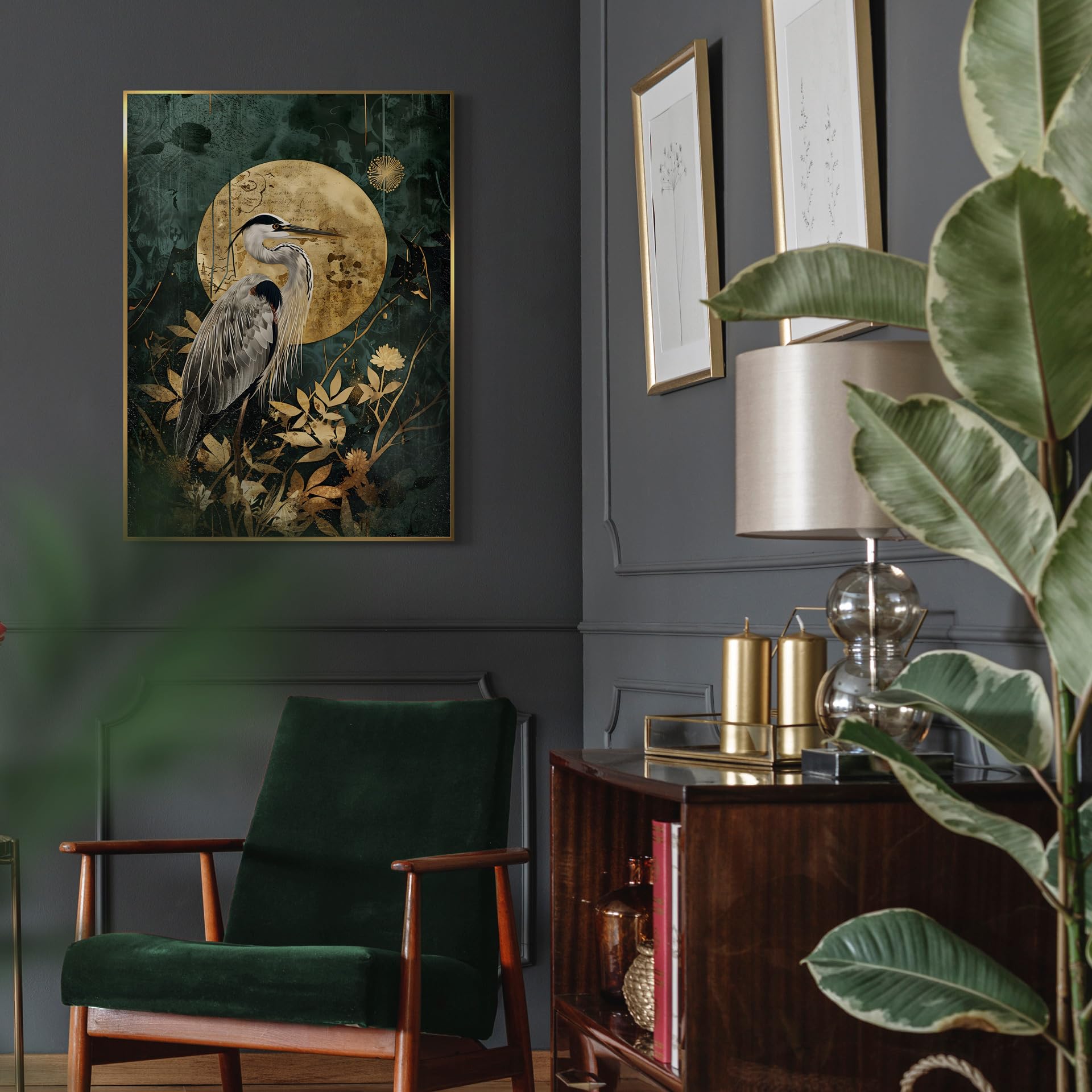 STYLER Bild Golden Sun 50x70 cm mit goldenem Rahmen – Luxuriöses Wandbild für Ihr Zuhause – Reiher Gold Dunkelgrün Modern Minimalistisch Deko