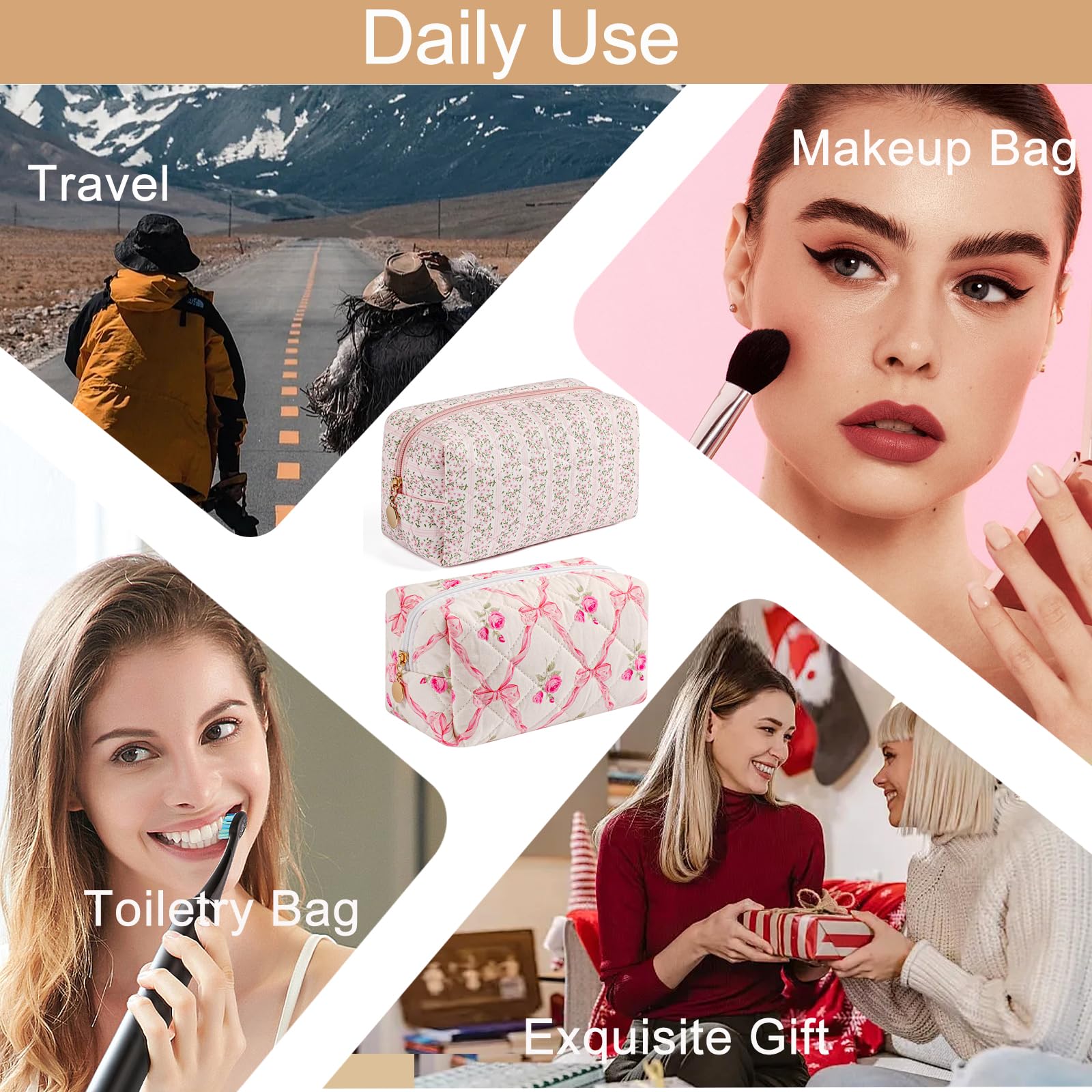 Borsa per trucchi da viaggio per donne e ragazze, custodia per trucco con cerniera, organizer per articoli da toeletta con fiori floreali, borsa portatile, borsa in tessuto da viaggio per