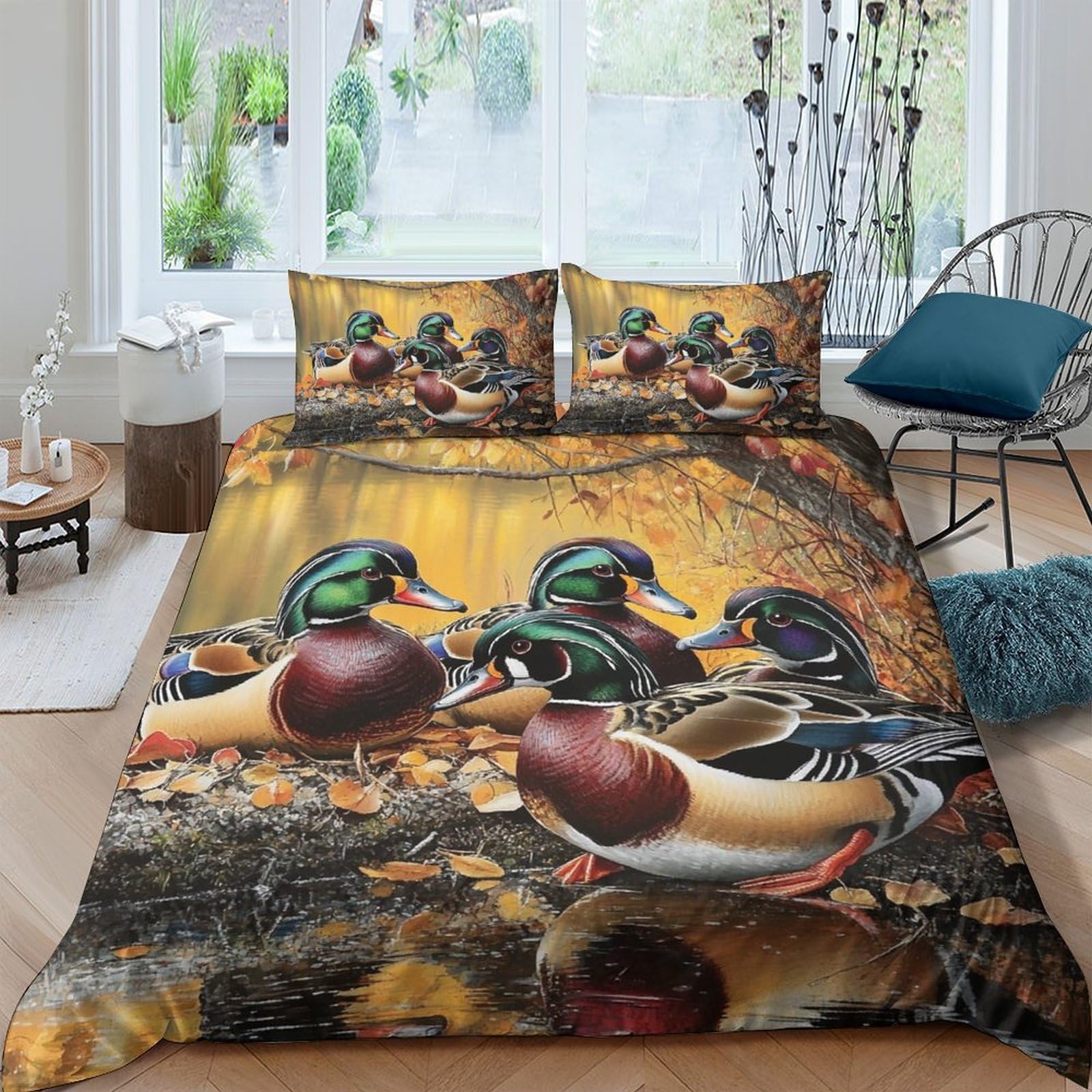 Ctjqhvkz Style-9 3D Printed Mallard Duck Fitted Sheet Microfiber Soft Anti-Slip Autumn Forest Bed Cover For Bedroom Decor Single（135X200cm）