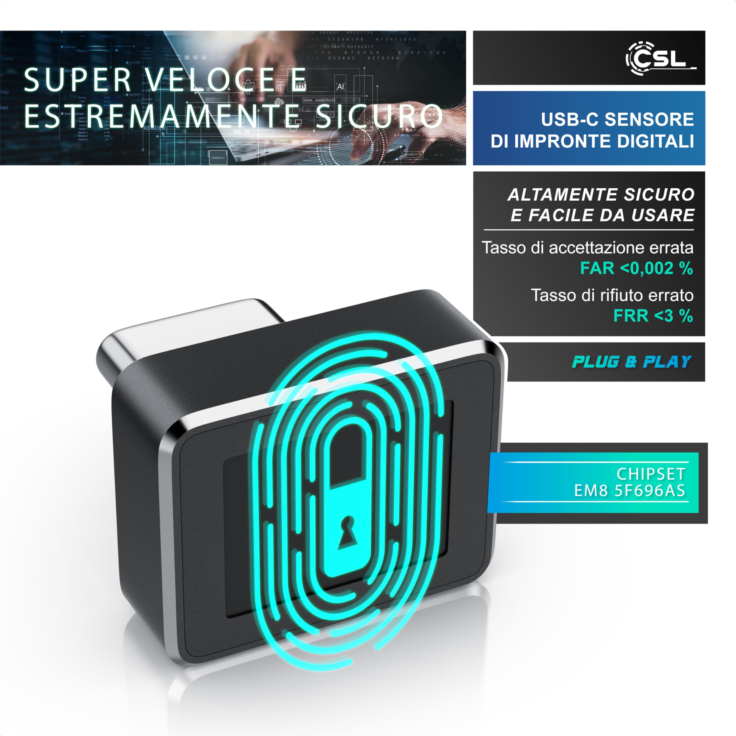 CSL - Chiavetta USB-C con Lettore di Impronte Digitali, Lettore di Impronte digitali USB per Windows10/11, Supporta Fino a 10 ID, Plug & Play, Riconoscimento a 360°, Accesso Biometrico per Laptop