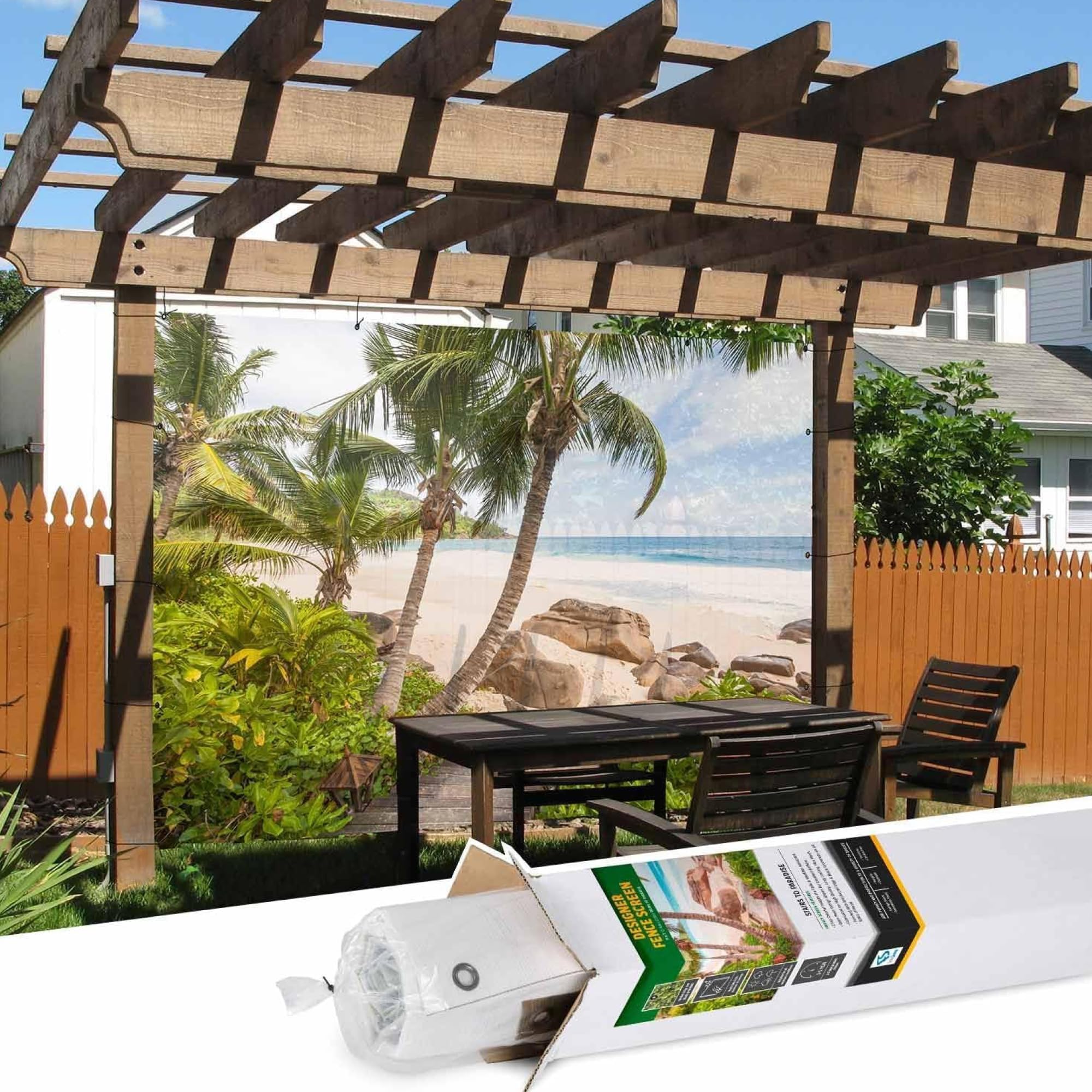 FenceScreen Patio & Gazebo Stairs to Paradise Beach Backdrop 6ft x 10ft for Party, Beach Theme, Hawaiian Luau, Summer Photography, Island Scene Background, Wall Hanging Tapestry, Banner Decorations