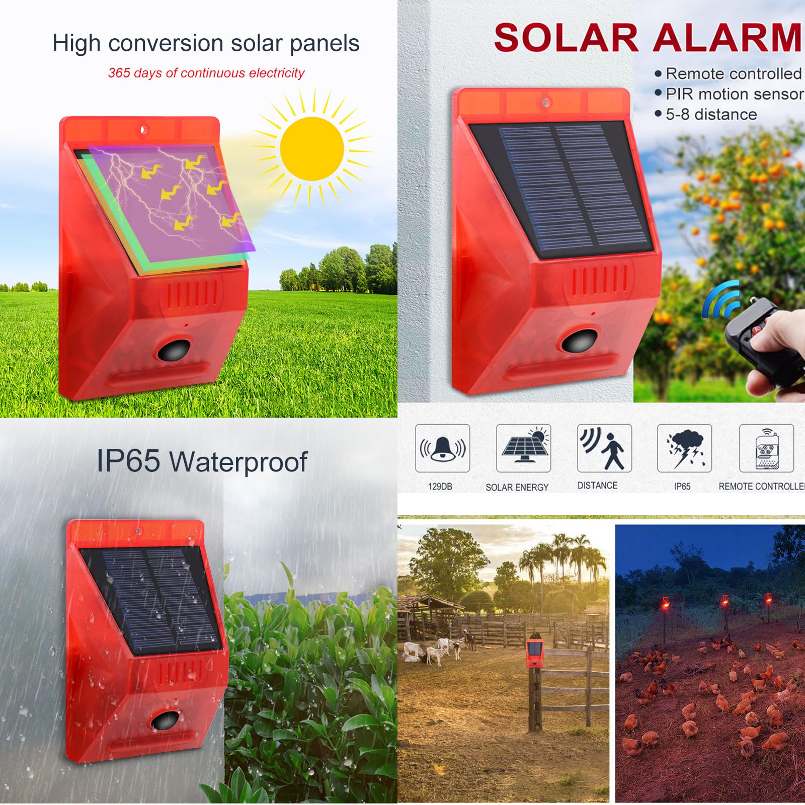 Alarma Solar con Sensor de Movimiento para Exteriores, generador de Ruido de Sirena de 129 dB , 4 Modos de Trabajo,con Control Remoto, para Patio, Granja