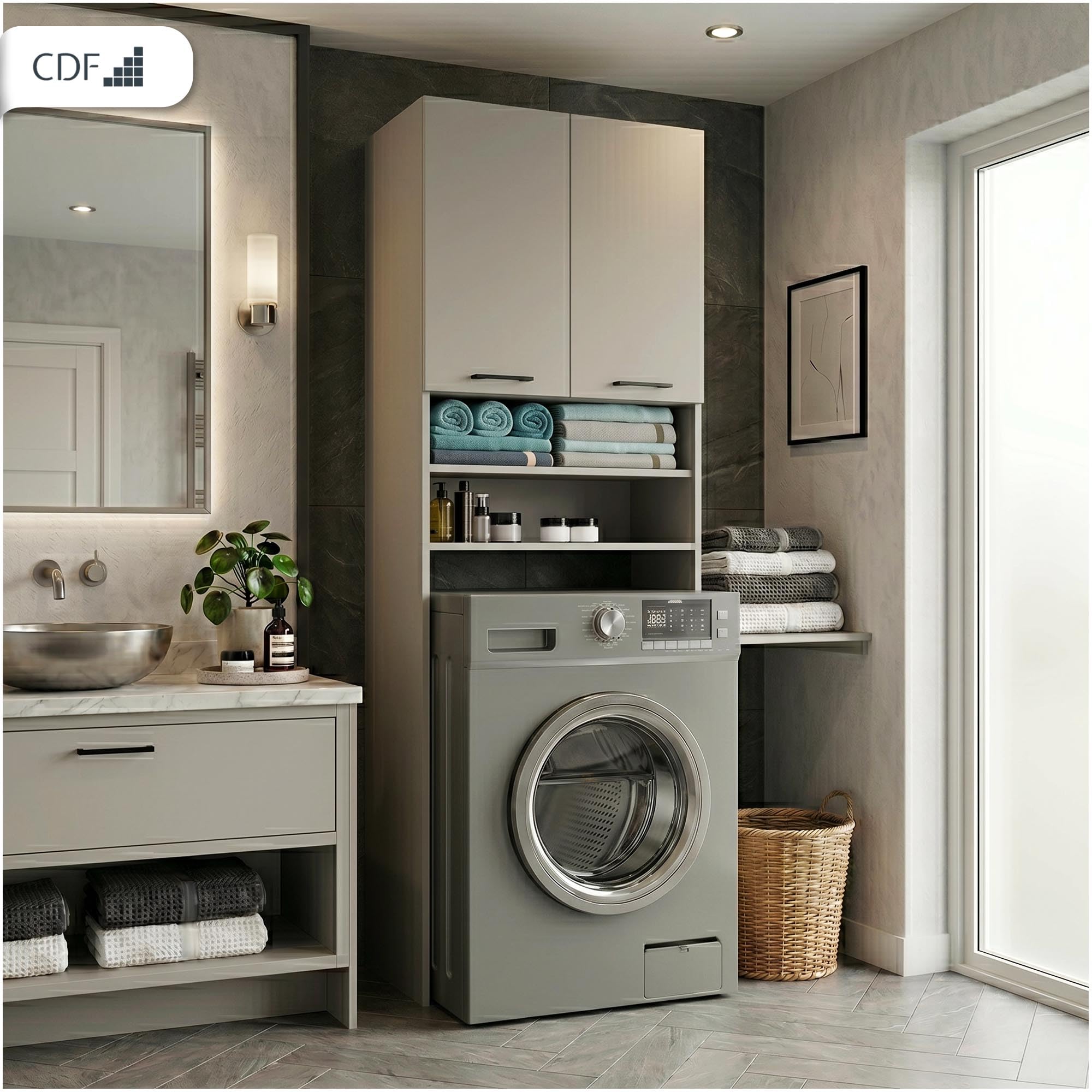 CDF Mobile da Bagno Armadio Sopra Lavatrice con Ante Corte e Ripiani Mobile Contenitore Alto Salvaspazio per Bagno Lavanderia Corridoio Garage Studio Ufficio Organizzatore Moderno – Cachemire