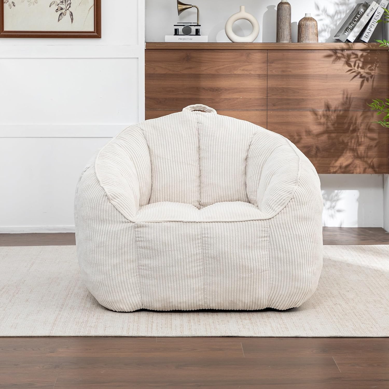 Giant Bean Bag Chair Sofa for Adults Teens, Comfy Corduroy Large Bean Bag with Armrests, Filler Included, Lazy Sofa Couch for Bedroom Living Room(Beige)
