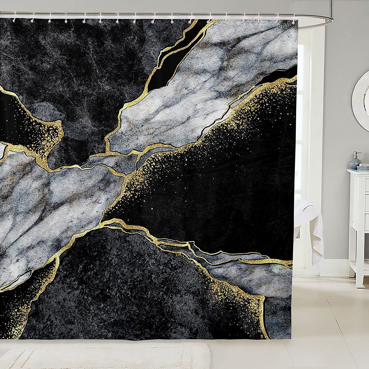 Black and Gold Marble Shower Curtain Golden Cracked Line Bath Curtain for Kids Boys Girls Teens Grey White Marble Texture Cloth Fabric Bathroom Modern Shower Curtain with Hooks 72x94 Inch