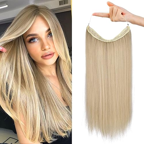 REECHO Invisible Wire Hair Extensions with Transparent Headband Adjustable Size Removable Secure Clips in Straight Secret Hairpiece for Women (20 Inch (Pack of 1), Medium Blonde with Pale Highlights)