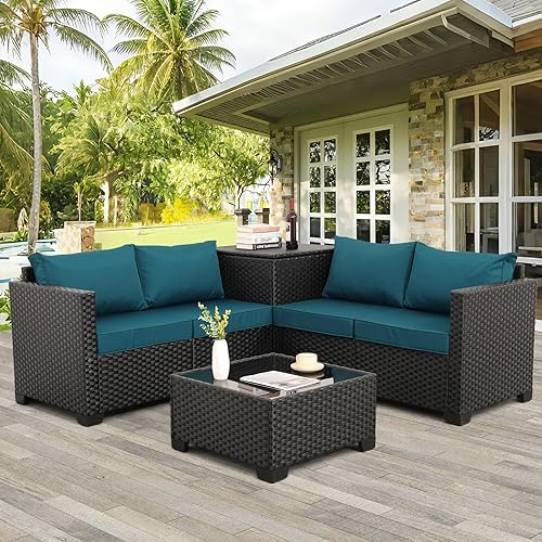 WAROOM Patio Furniture Set 4 Piece Conversation Sets Black Rattan Outdoor Couch Loveseat Wicker Sectional Sofa with Storage Box Glass Top Table, Peacock Blue Cushion