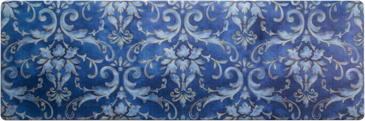 Home Dynamix Cozy Living Watercolor Damask Runner Anti-Fatigue Kitchen Mat, Non-Slip Floor Mat, Padded Standing Desk Mat, Blue/Gold, 17.5"x55" 55"L x 18"W x 0.5"Th Blue/Gold