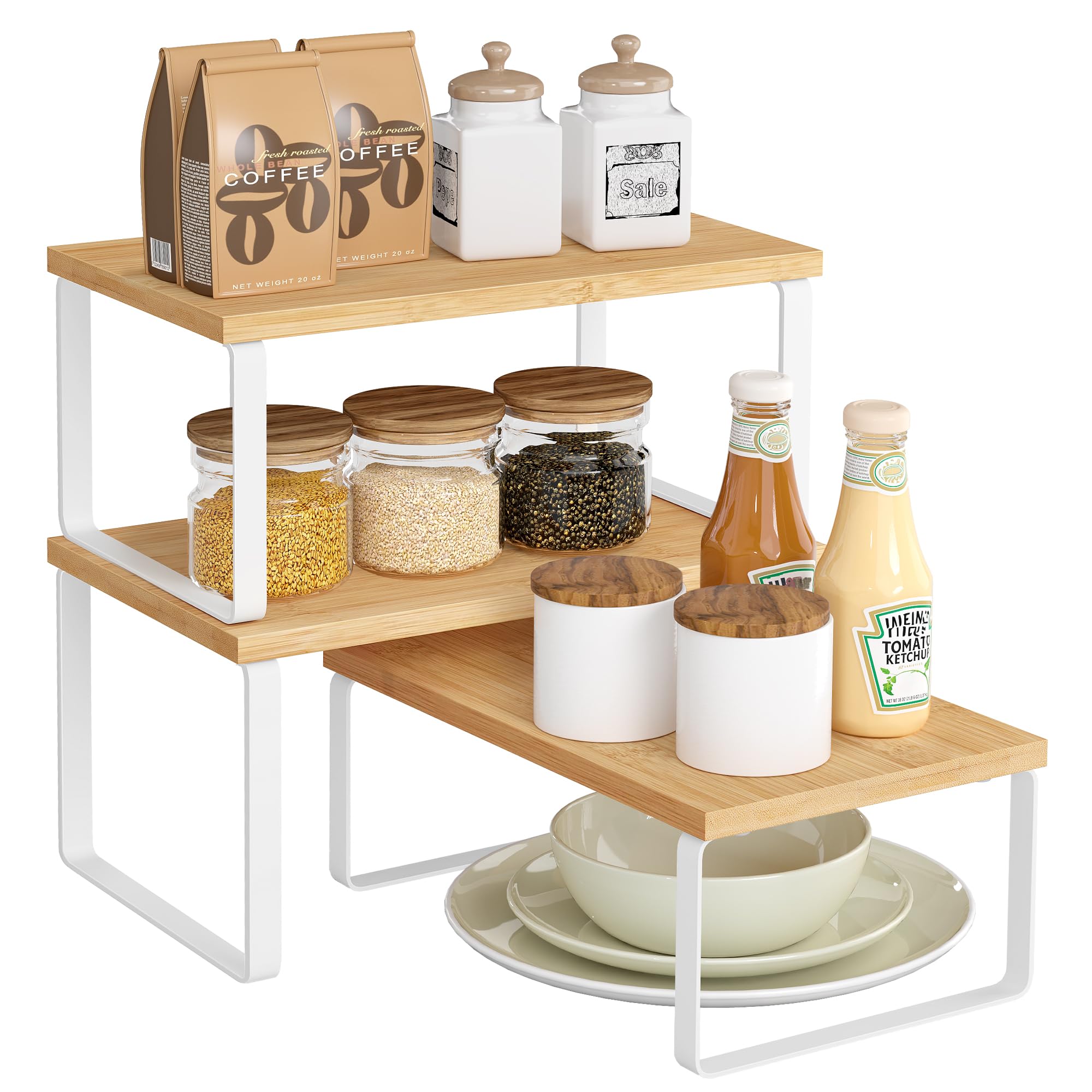 SONGMICS Organizzatori Armadio da Cucina, Set di 3 Scaffali da Banco, Impilabili, Portaspezie Espandibile, in Metallo e Legno Ingegnerizzato, Bianco Nuvola e Beige Naturale KCS014YL02