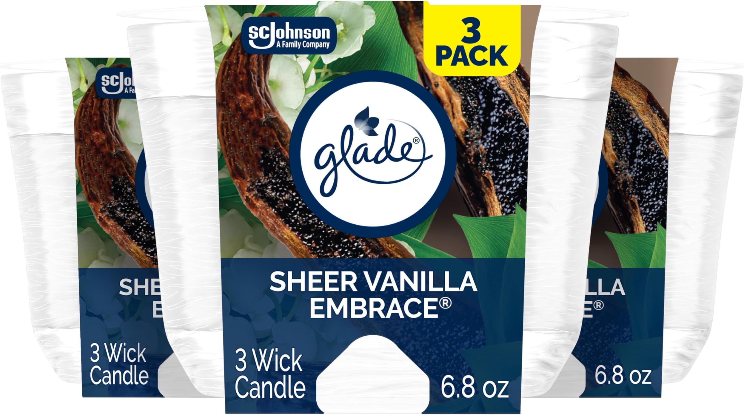 Sheer Vanilla Embrace, Fragrance Candle Infused with Essential Oils, Air Freshener, 3-Wick Candle, 6.8 Oz, 3 Count