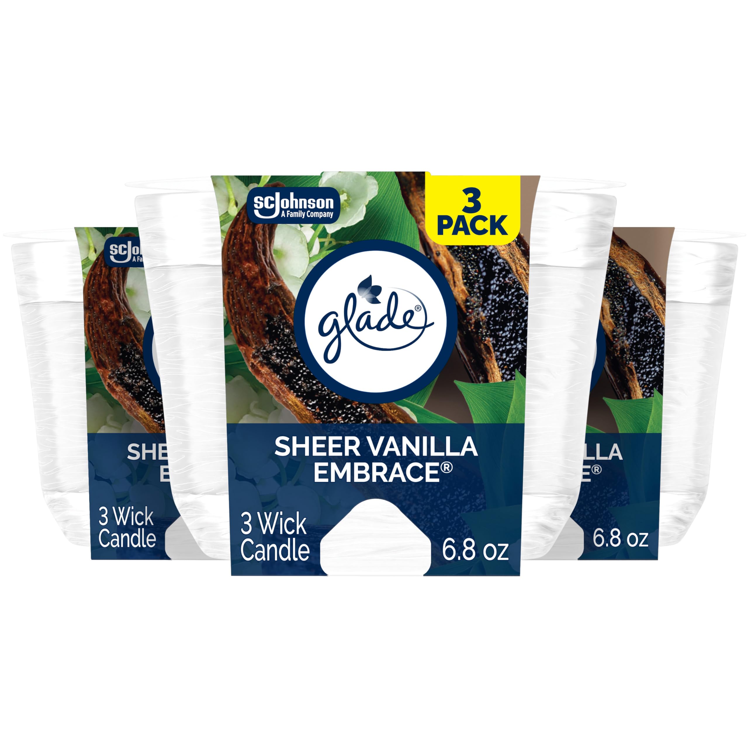 Glade Sheer Vanilla Embrace, Fragrance Candle Infused with Essential Oils, Air Freshener Candle, 3-Wick Candle, 6.8 Oz, 3 Count