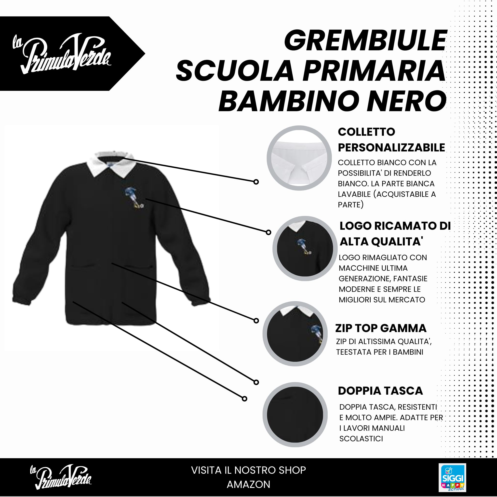 Grembiule Scuola Elementare Infanzia da Bambino, Nero, Zip con Bottone al Collo, Logo e Senza Logo, dai 6 ai 15 Anni.