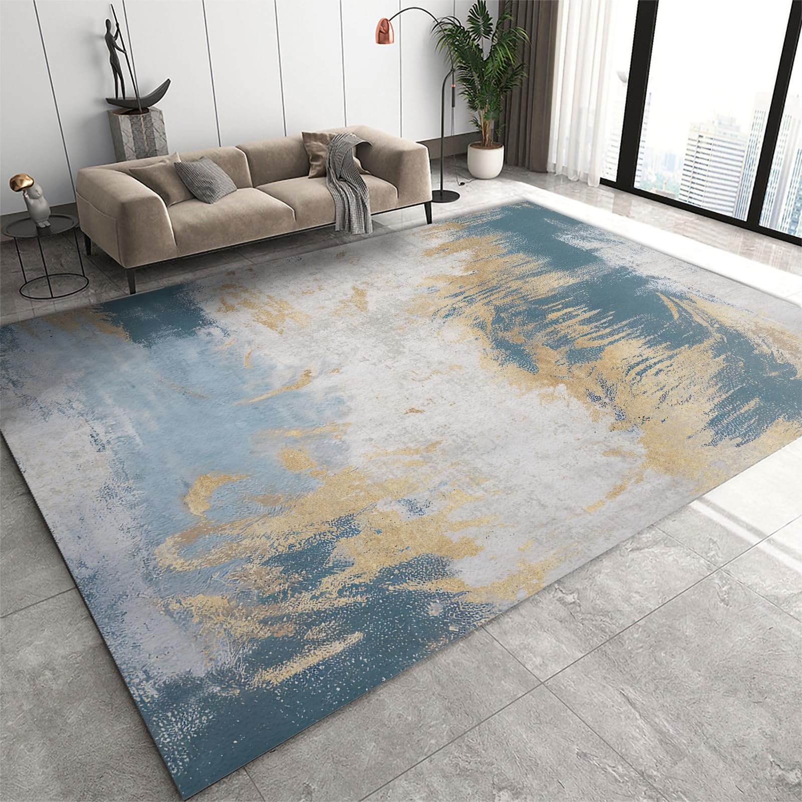 QDJKBL Area Rugs 150 x 200 cm Navy Grey Abstract Marble, Luxury Gradient Color Oil Painting Graffiti Bedroom Rug, Sofa Cushion Fine Fluff Short Velvet for Office Family and Pet Farmhouse