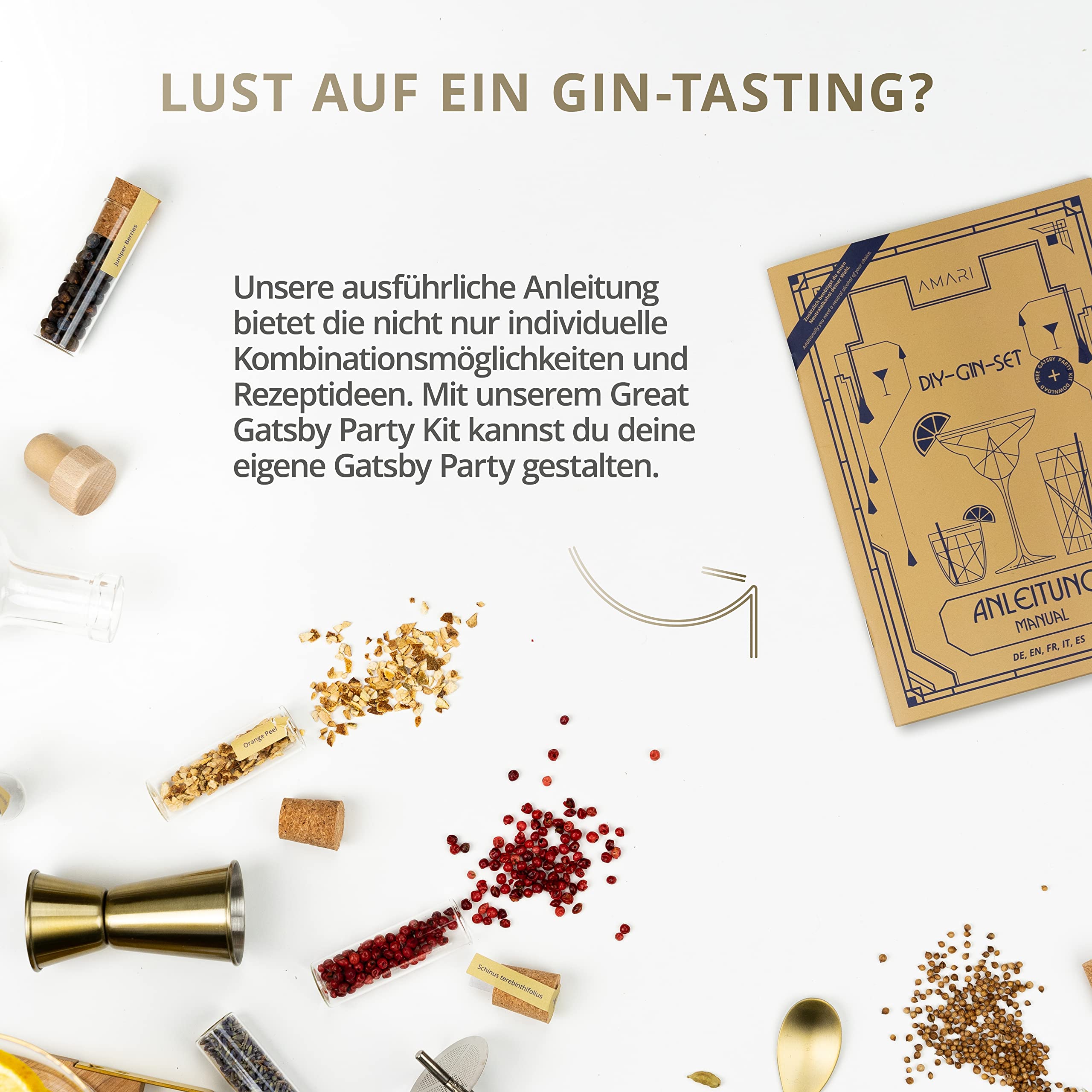 AMARI ® DIY Gin Set - zum Selber machen, Geschenkset inkl. Botanicals - Perfekt für zu Hause oder als Geschenk, Gin Tasting Geschenkbox - Geschenkideen do it yourself, Ginbaukasten