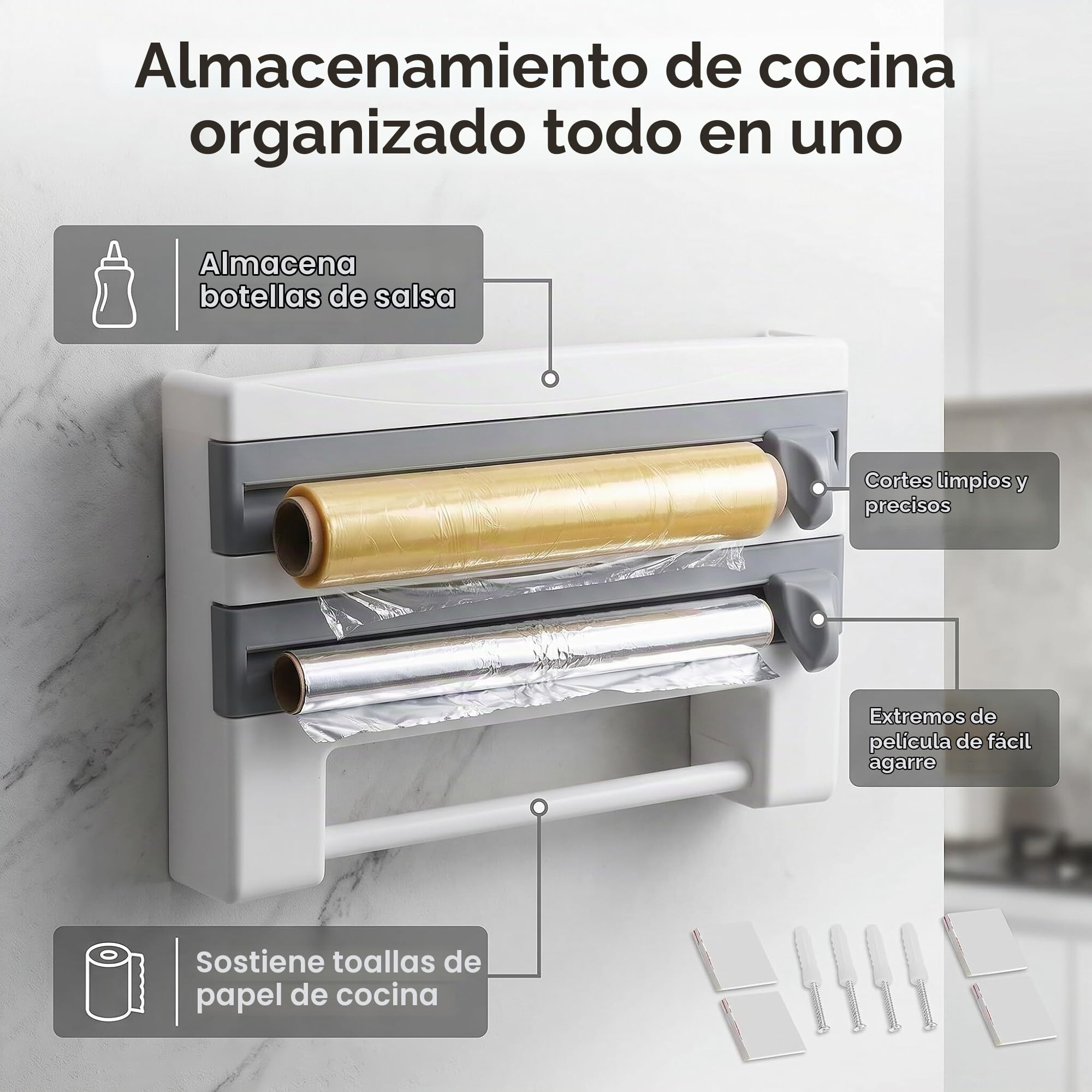 Desbobinador de Film Transparente para Alimentos, Soporte de Pared para Toallas de Papel y Film, Estante de Cocina Multifuncional para Almacenamiento, Diseño Moderno en Gris y Blanco