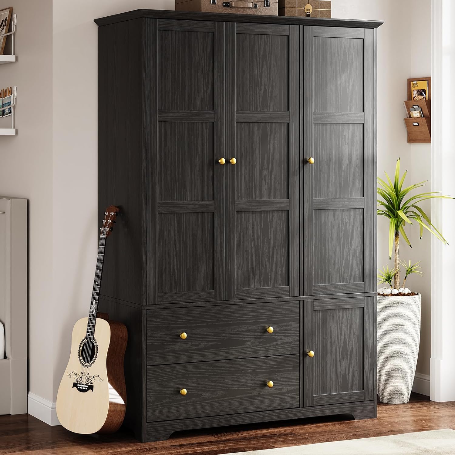 ONBRILL 3-Door Black Wooden Wardrobe Armoire with Pull-Out Pants Rack, Drawers, Shelves - Large Bedroom Closet Storage