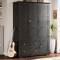 ONBRILL 3-Door Black Wooden Wardrobe Armoire with Pull-Out Pants Rack, Drawers, Shelves - Large Bedroom Closet Storage