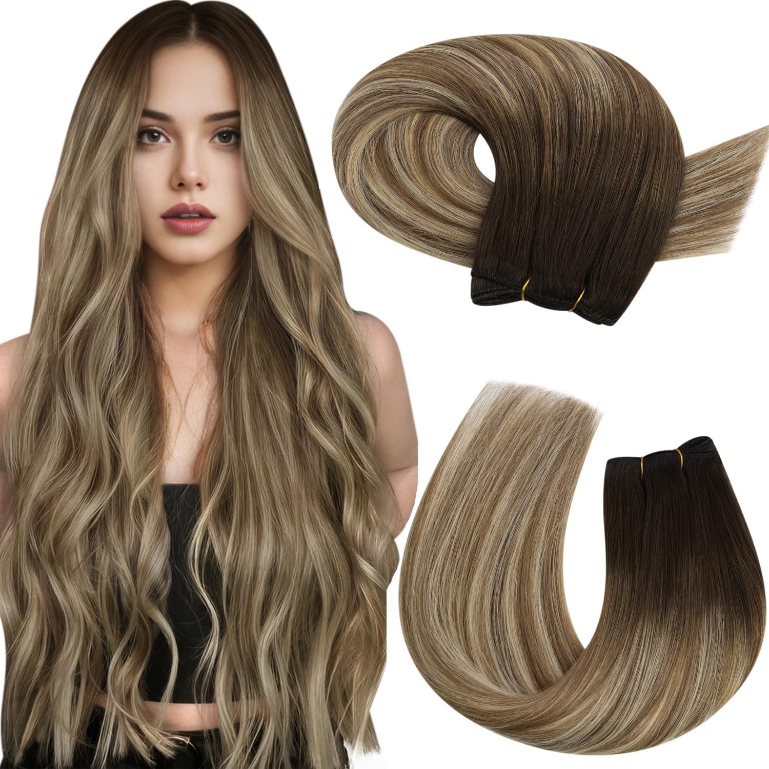 Moresoo Weft Hair Extensions Human Hair Balayage 22 Inch 100g Sew in Hair Extensions Remy Hair Ombre Dark Brown to Medium Brown with Bleached Blonde #4/6/613