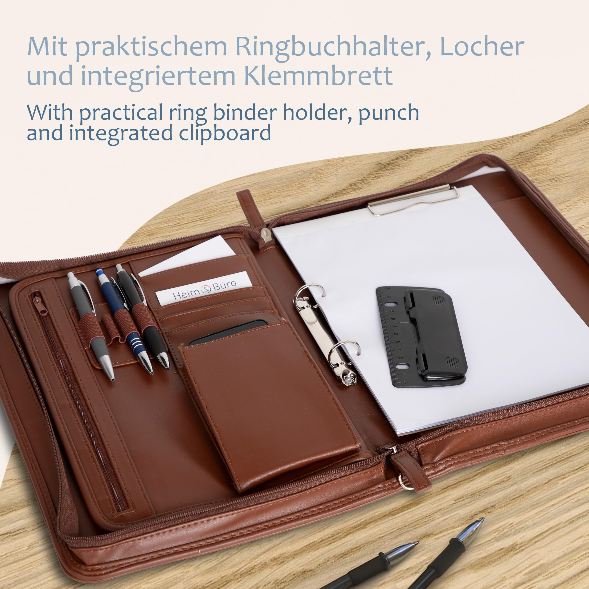 ONVAYA® Konferenzmappe A4 | braun | Aktenmappe | Businessmappe | Schreibmappe Block | strapazierfähiges Kunstleder | Portfolio Mappe | Metallplatte für Gravur | Dokumentenmappe