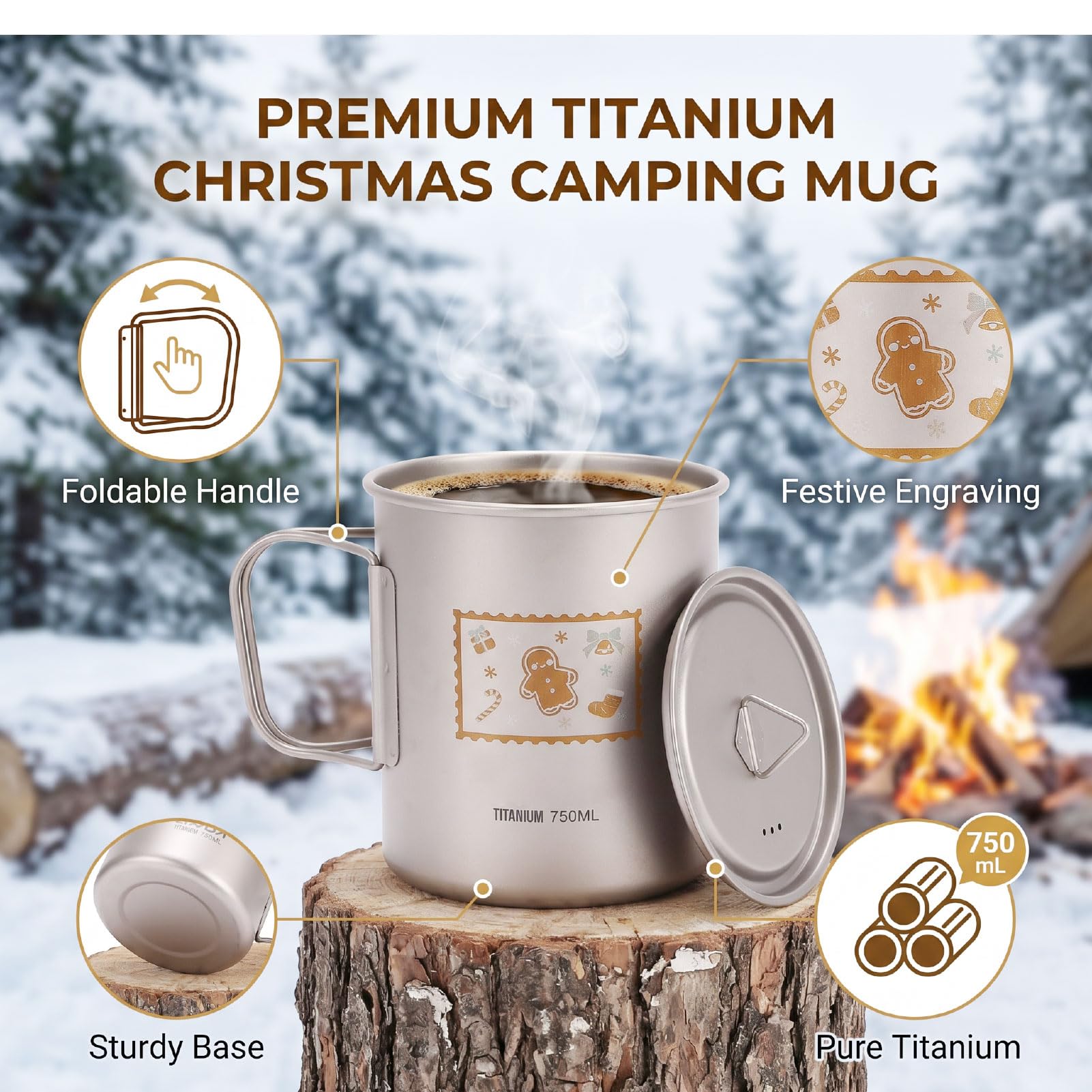 Lixada 750ml Trinkbecher mit Deckel und Klappbarem Griff, Weihnachtliches Lebkuchenmann Motiv, Tragbarer Becher für Kaffee, Tee, Saft, Outdoor Aktivitäten wie Klettern und Camping (750 ml)