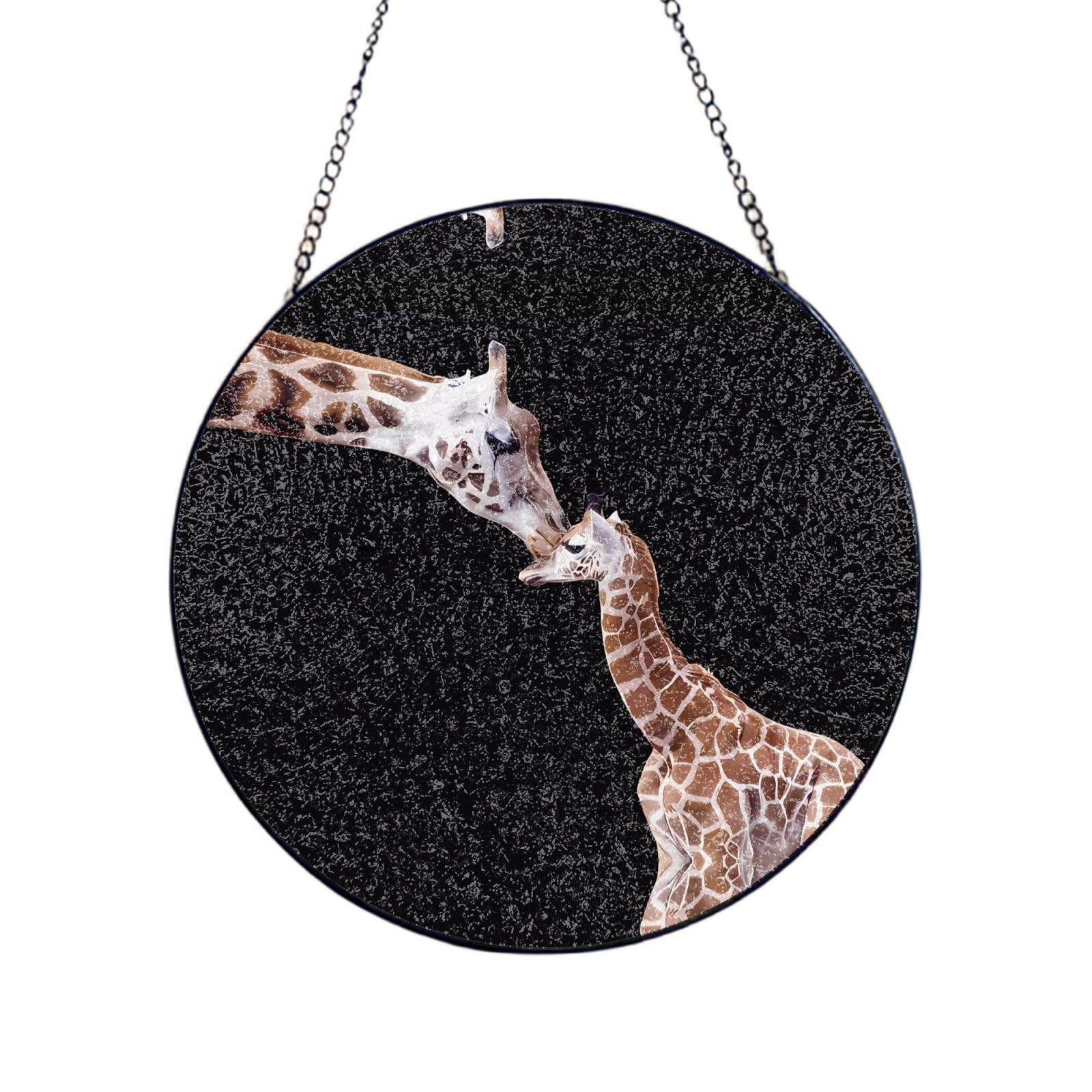 Phayah Mother Baby Giraffe Print Glass Window Hanging Round Suncatcher Glass Ornament Garden Wall Fence Decorations Indoor Outdoor 10in（25cm）