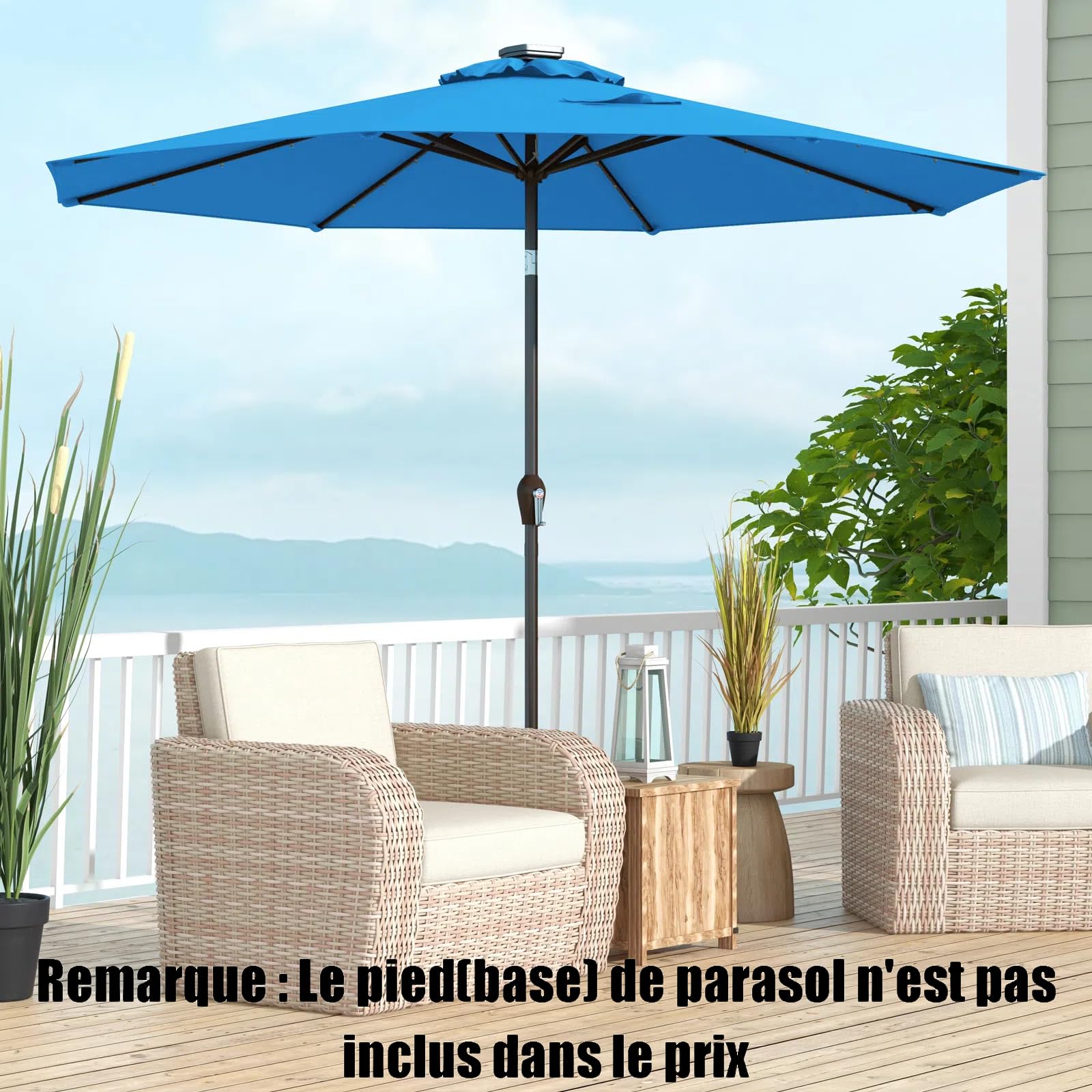 COSTWAY Parasol de Jardin Extérieur Ø 300 CM, Lumineux Solaire avec 24 LED, Inclinable avec 8 Baleines Métalliques Robustes, pour Balcon Jardin Terrasse (Bleu Clair)