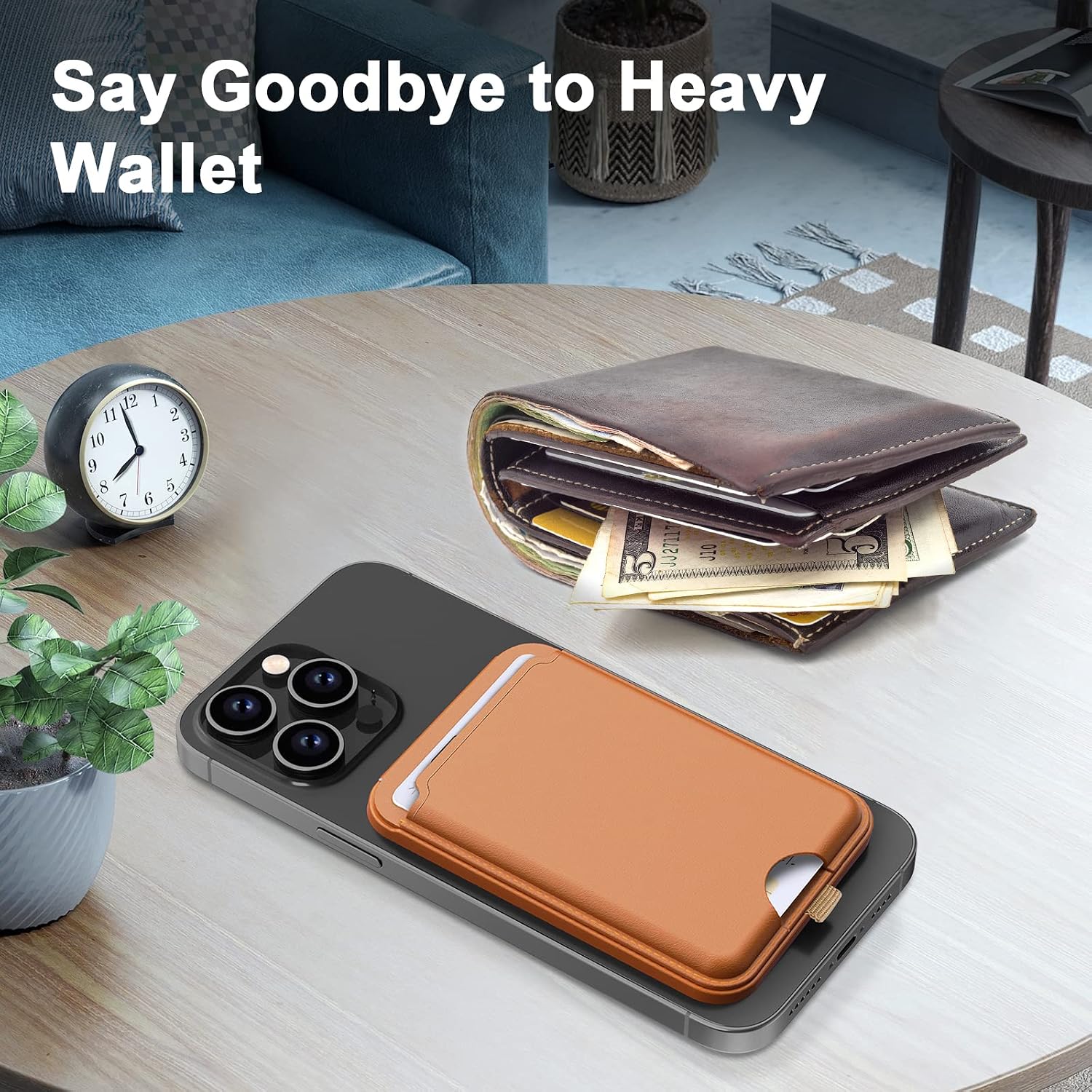 SS Magnetic Wallet Compatible for Magsafe, Phone Card Holder Leather Wallet with Adjustable Stand, Compatible for iPhone 14/13/12 Series(Not for 13 Mini /12 Mini) Khaki