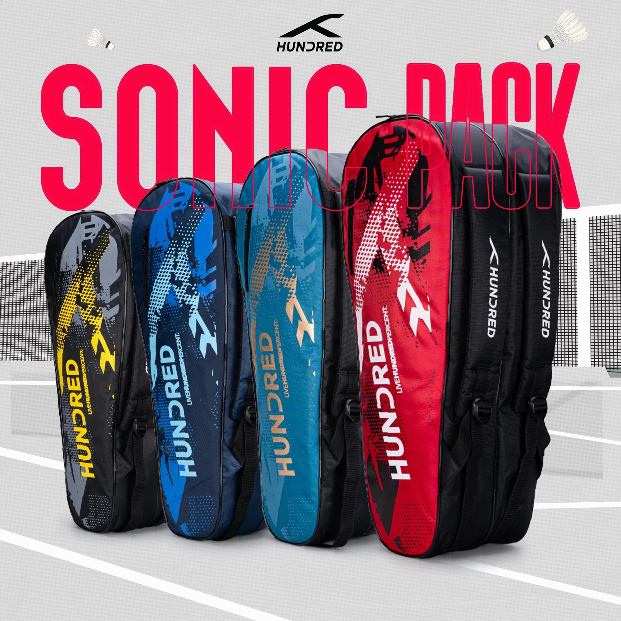 HUNDRED Sonic Pack Kit Bag | Spacious Badminton Racket Bag with Two Large compartments for Rackets, Shoes, and Equipment – ​​Ideal for Sports, Gym, and travel | Unisex Design | Black