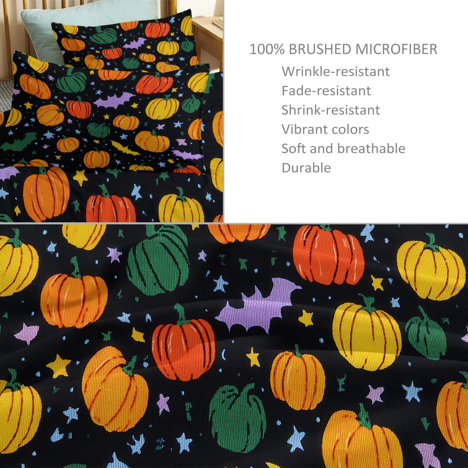 Genérico Zestaw poszewek na kołdrę Kreskówka Dynia Bat Łóżko 90-150 x 220 cm Mikrofibra Zamek Błyskawiczny Miękka Konstrukcja Oddychająca Wygodna Antyalergiczna Chłopcy i Dziewczęta, Czarny